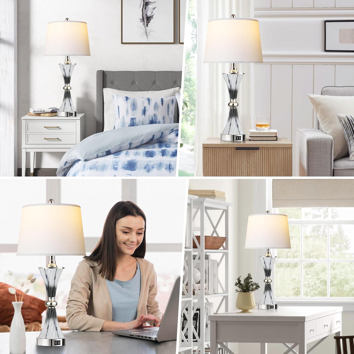 Touch Control Dimmable Table Lamps for Bedrooms, 3-Way Gold Crystal Bedside Lamp with USB Ports, Set of 2 Contemporary End Table Lamps with White Drum Shade for Living Room Reading, LED Bulbs Included