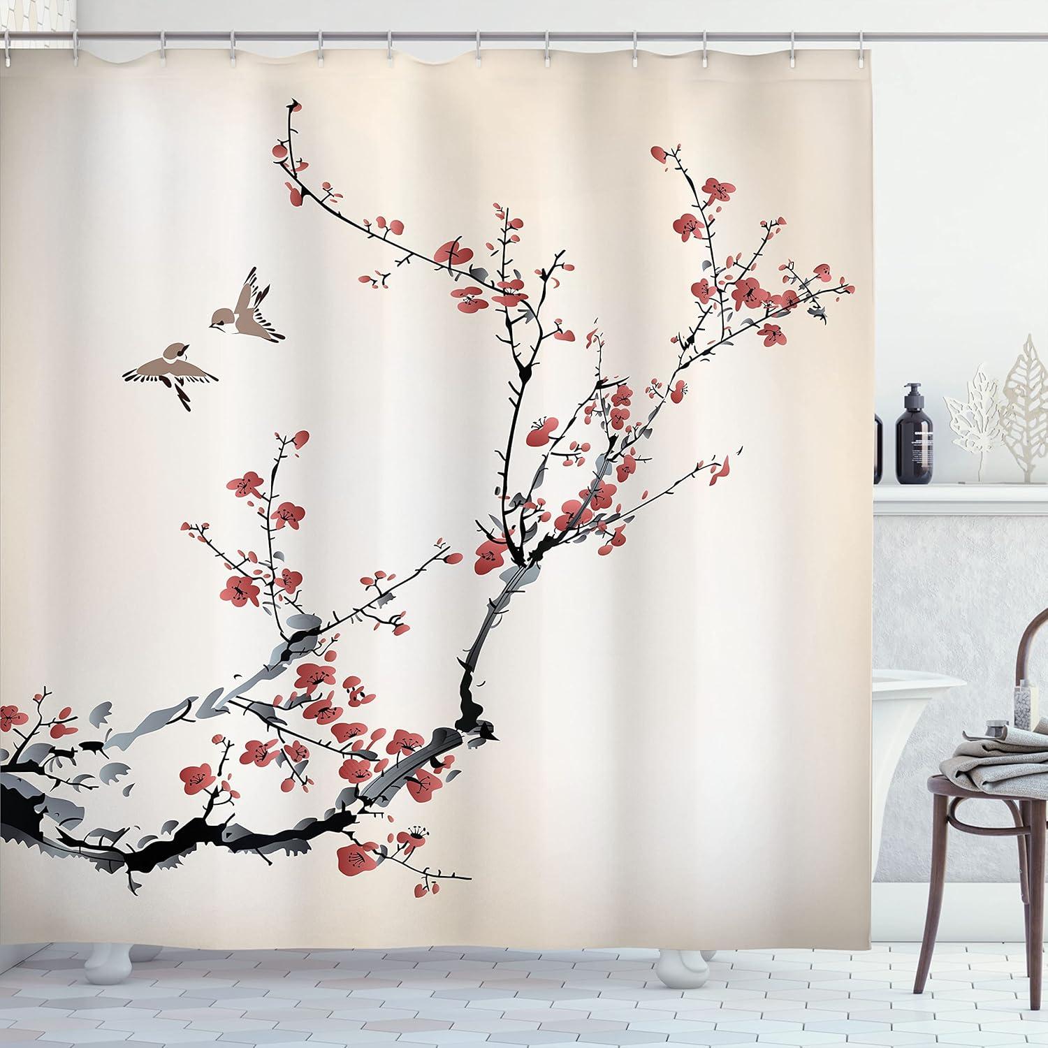 Cherry Blossom Fabric Shower Curtain with Birds, 75" x 69", Isabelline