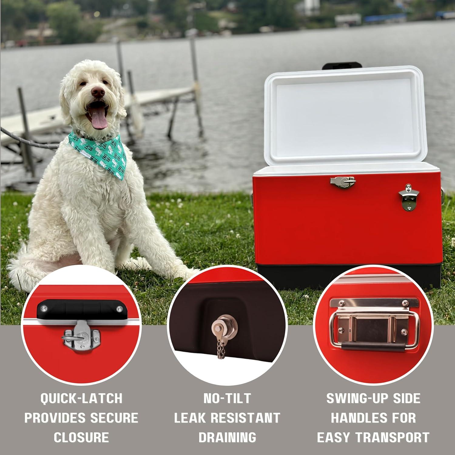 FSE Retro Metal Cooler, 80 Can/54 Qt. Capacity, Hard-Sided, Two Tone, Holds Up to 80 Beverage Cans, Metal Construction with Plastic Lining