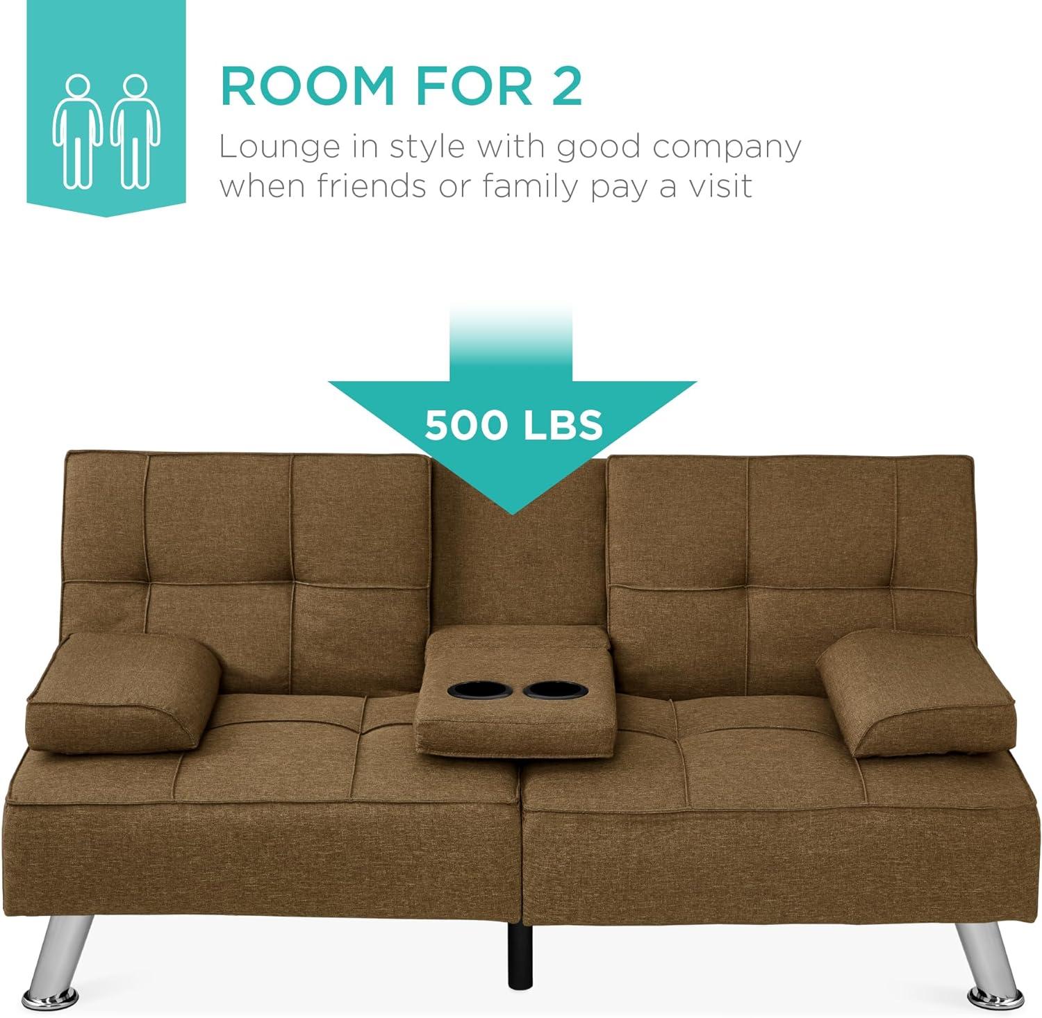 Best Choice Products Modern Linen Convertible Futon Sofa Bed w/ Removable Armrests, Metal Legs, Cupholders - Brown