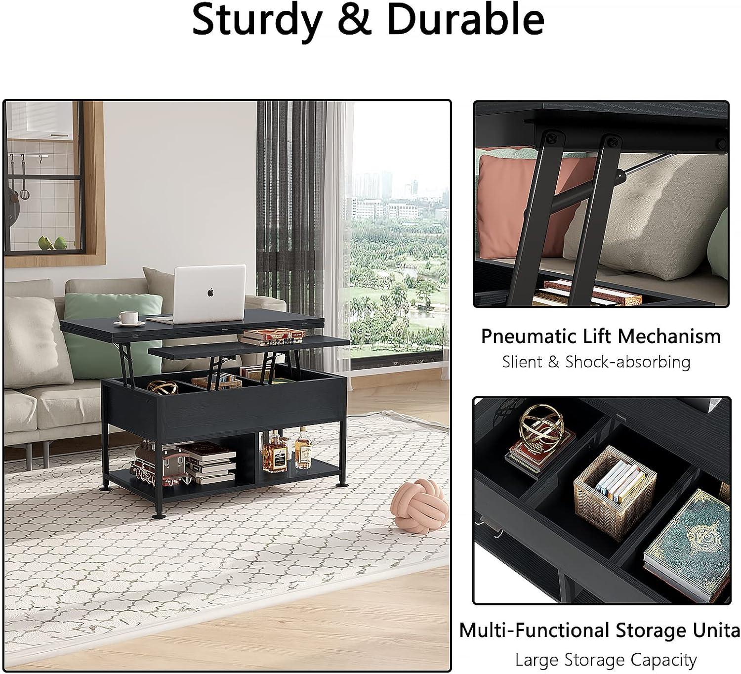 Black Multi-Function Lift Top Coffee Table with Hidden Compartment