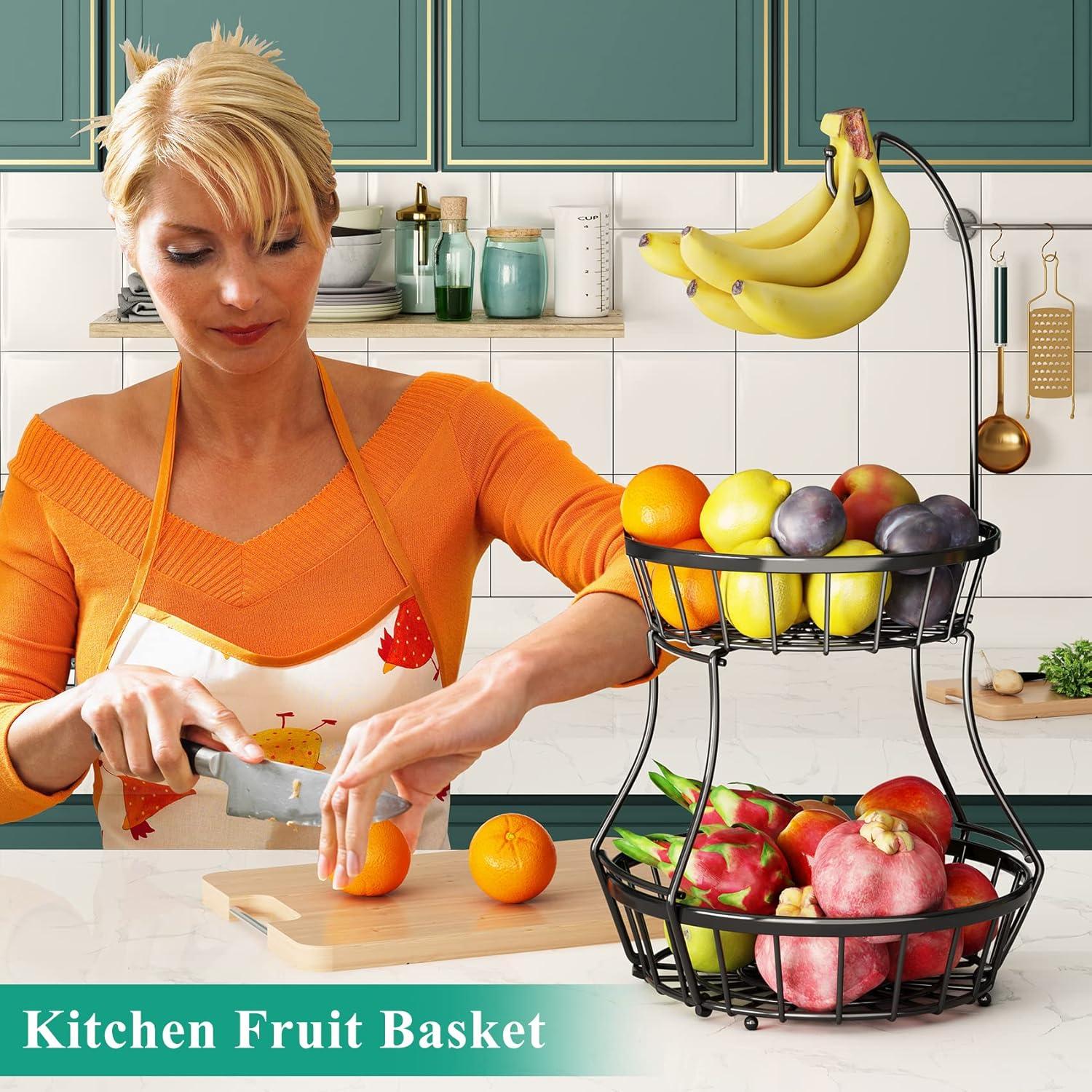 Black Metal 2-Tier Fruit Basket with Banana Hanger