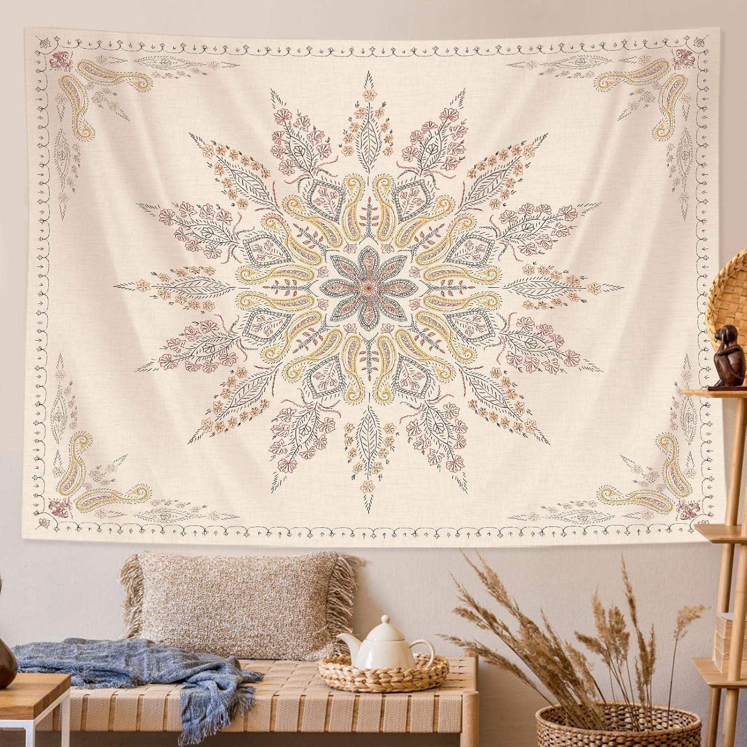 Beige and White Floral Bohemian Tapestry, 60x50 Inch