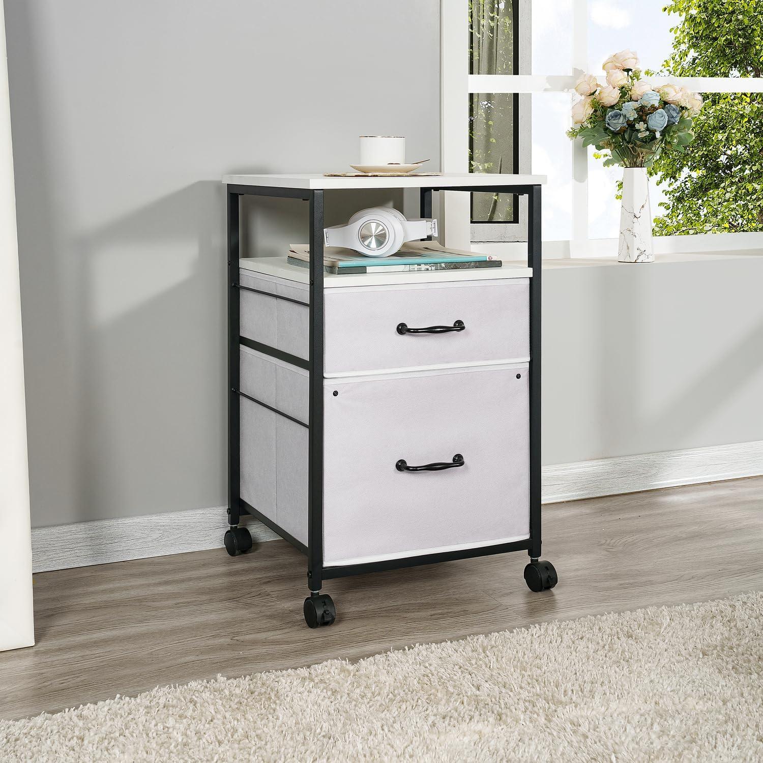 White Rolling 2-Drawer Office Storage Cabinet with Shelf