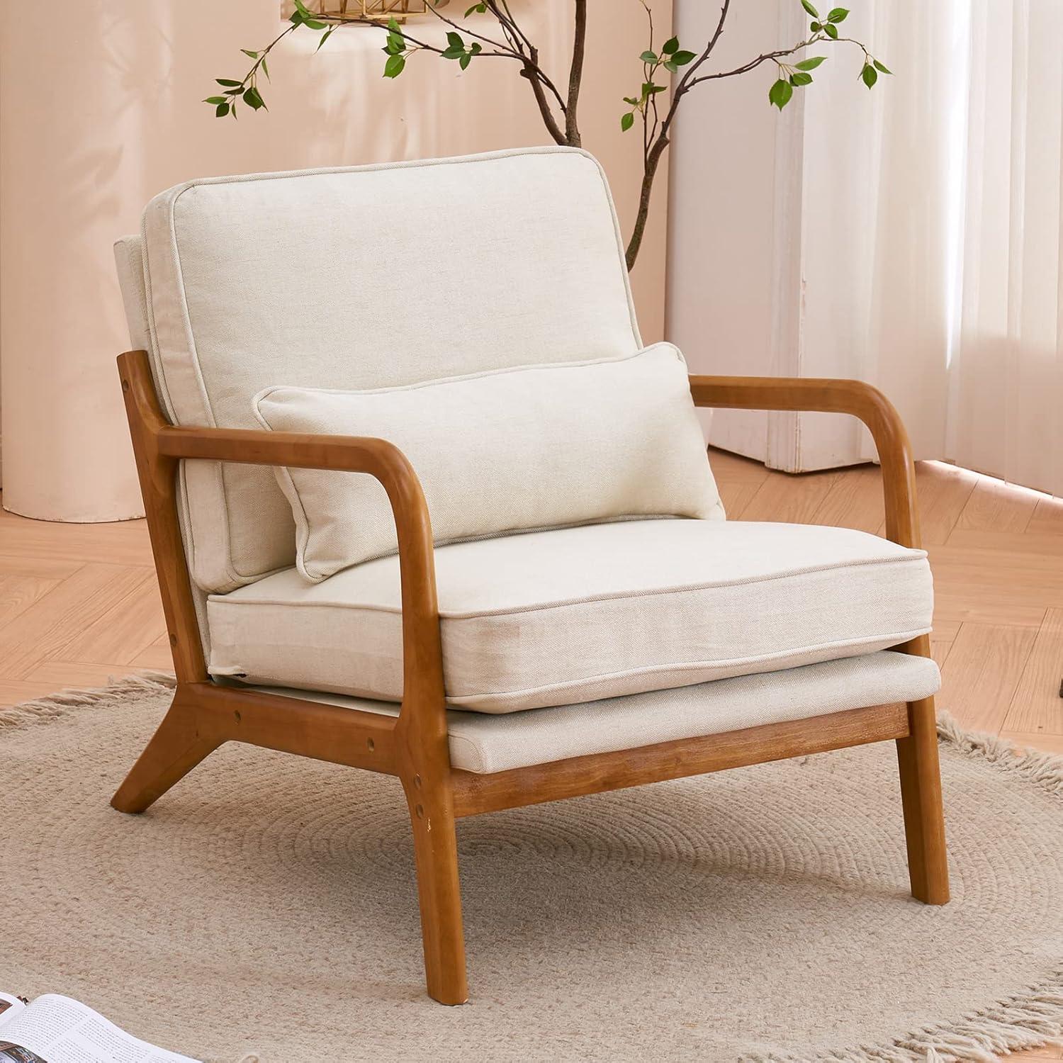 JULY'S SONG Mid-Century Wood Upholstered Fabric Solid Print Armchair, Beige (Set of 2)