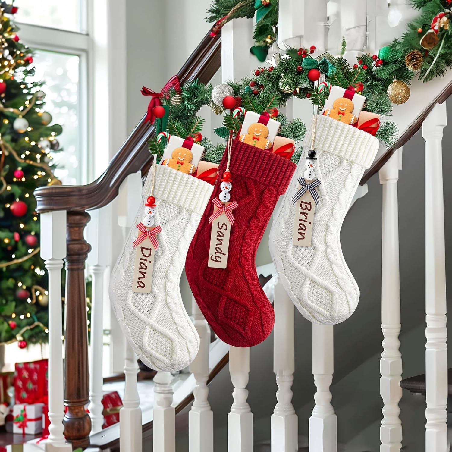 Dalrosia Personalized Christmas Stockings - 18 Inches Hanging Stockings with DIY Snowman Name Tags, 4PCS Large Size Knitted Stockings for Mantels, Christmas Tree Family Holiday Decor