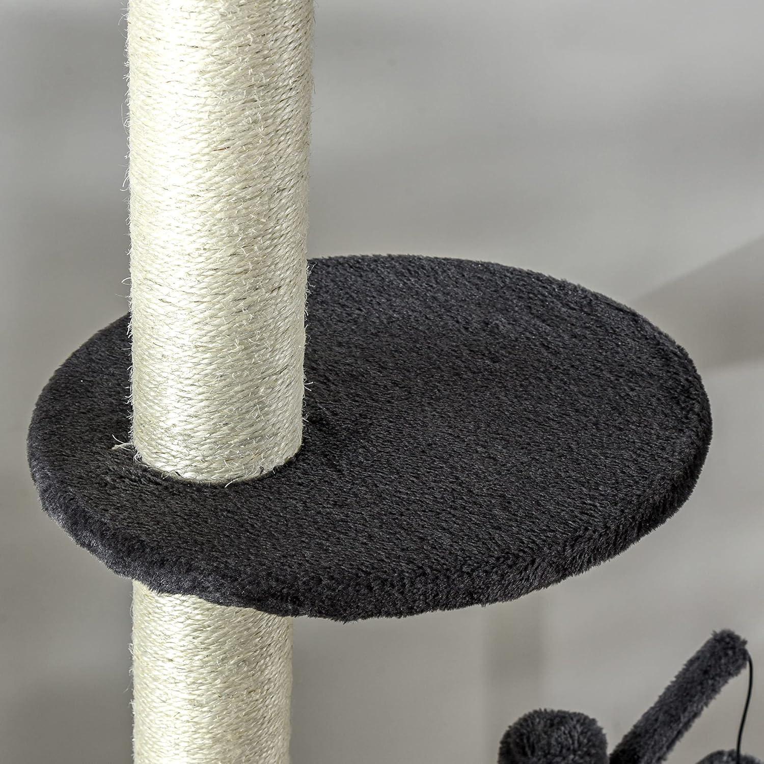 PawHut 106" Huge Cat Tree Kitty Activity Center Floor-to-Ceiling Cat Climbing Toy with Scratching Post Board Hammock Hanging Ball Dark Gray