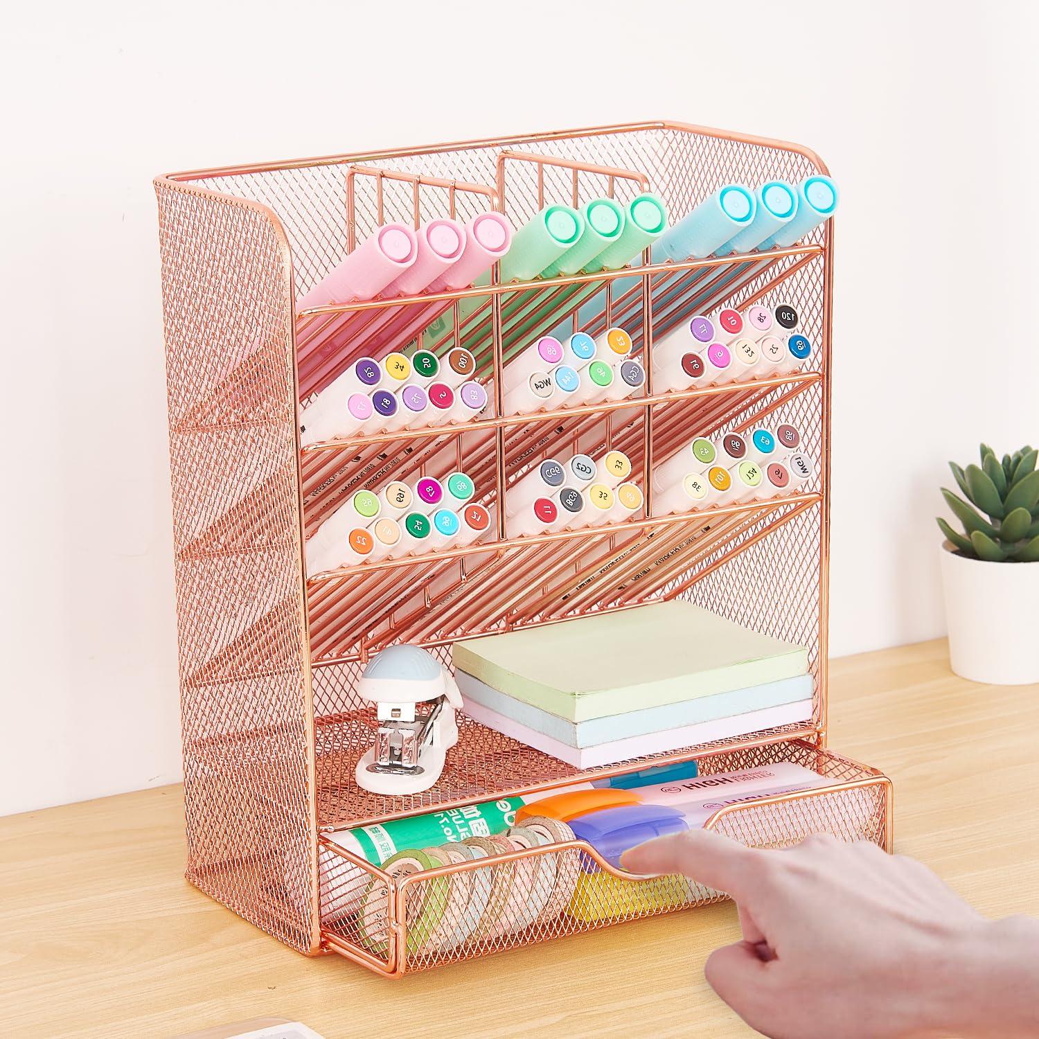 Spacrea Pen Holder Desk Organizer - Desk Organizers and Accessories, Pencil Holder with 10 Compartments and 1 Drawer（Rose Gold）