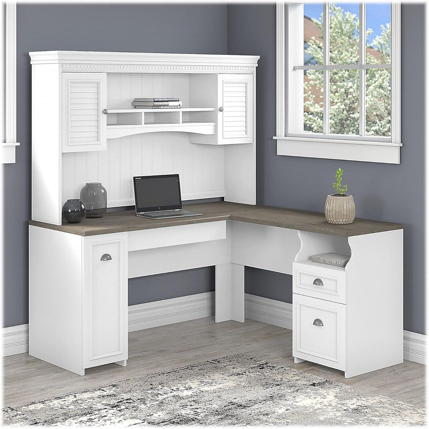 Bush Furniture Fairview 60" W L Shaped Desk with Hutch, White/Gray