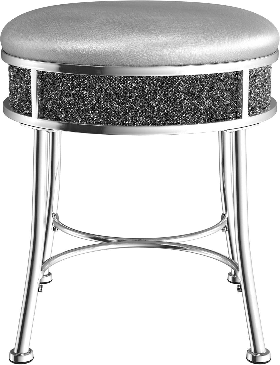 Hillsdale Roma Diamond Glam Fabric Upholstered Backless Vanity Stool in Chrome