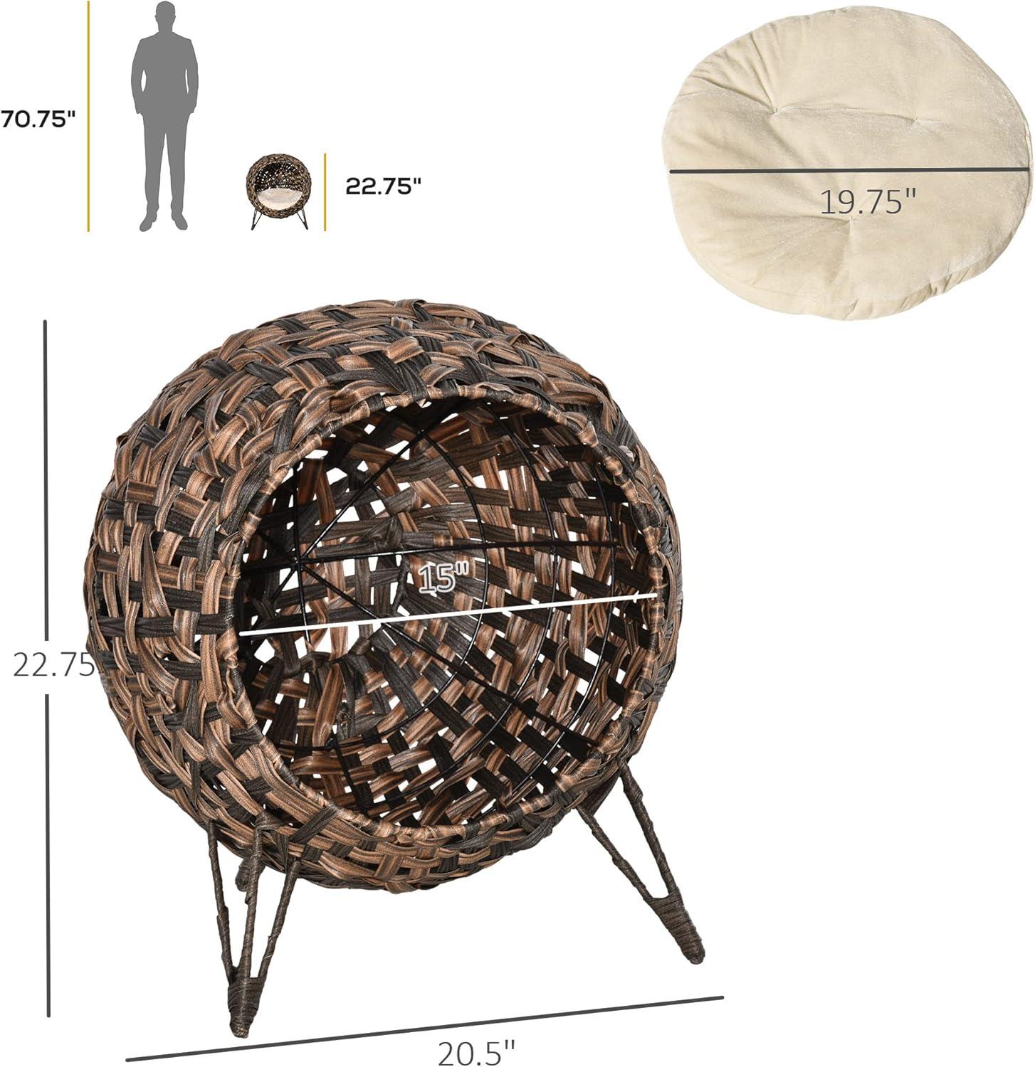 Hand-Woven Brown Rattan Elevated Cat Bed with Cushion