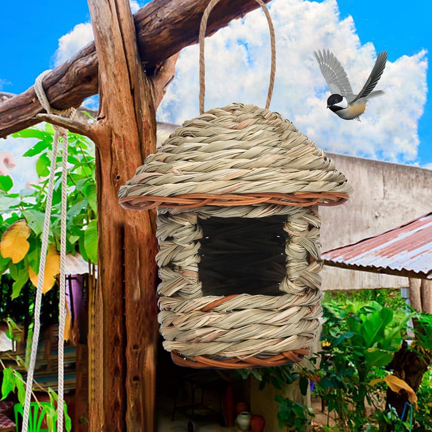 Woven Straw Hummingbird House - Outdoor Hanging Birdhouse for Garden Decoration and Bird Lovers Gift - Hummingbird House For Outside Woven Straw Hummingbird Hanging Bird House