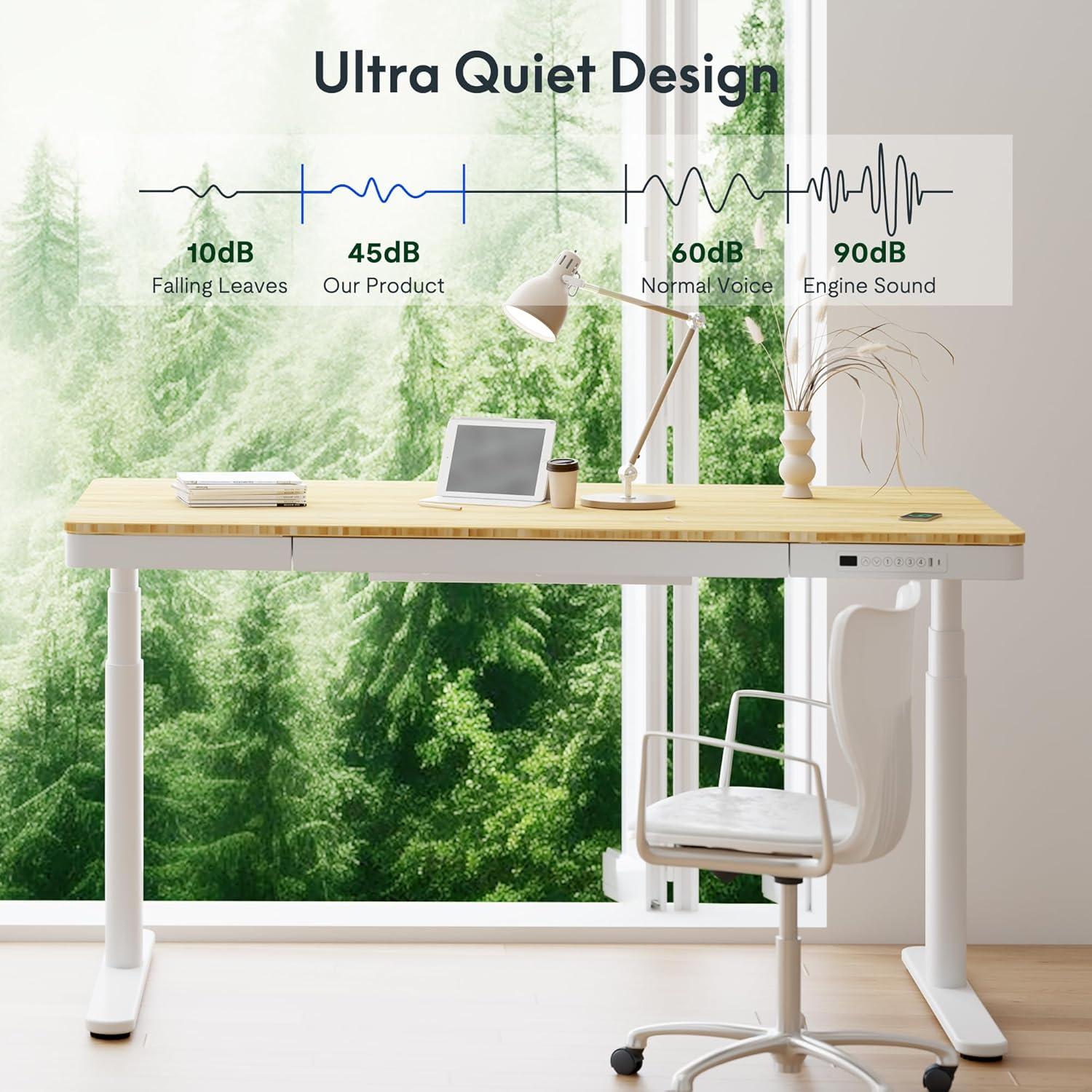 FLEXISPOT Q8 55" Bamboo Standing Desk, Dual Motor 3 Stages Adjustable Height Electric Computer Workstation w/Wireless Charging, Drawer, Quick Install, 220lbs Capacity (Bamboo Tabletop + White Frame)