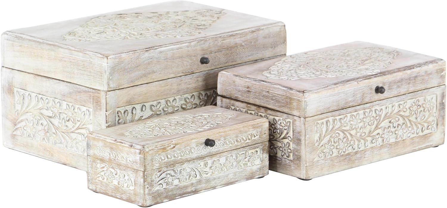 Set of 3 Whitewashed Mango Wood Carved Lidded Boxes