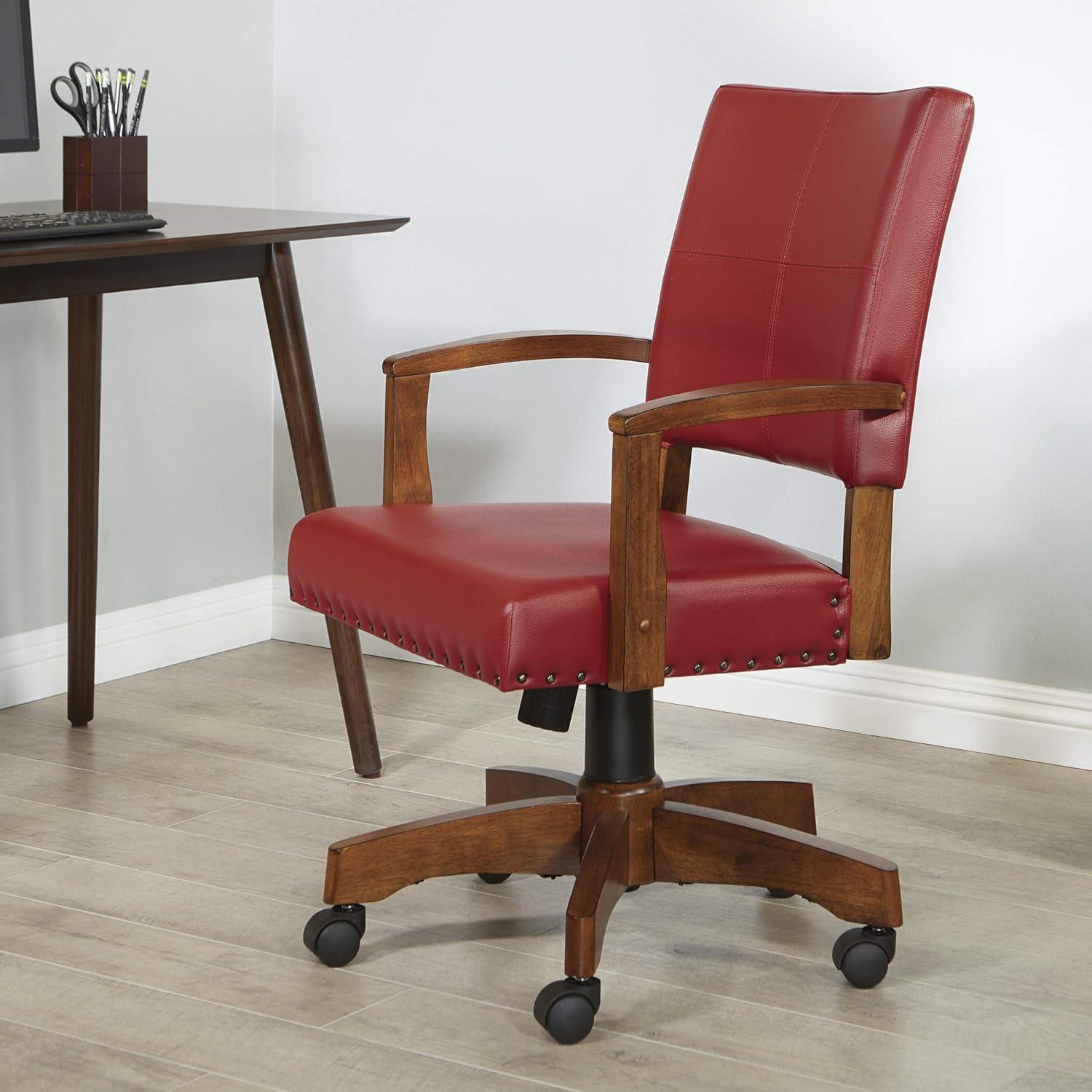 Elegant Red Faux Leather Swivel Banker's Chair with Wood Base