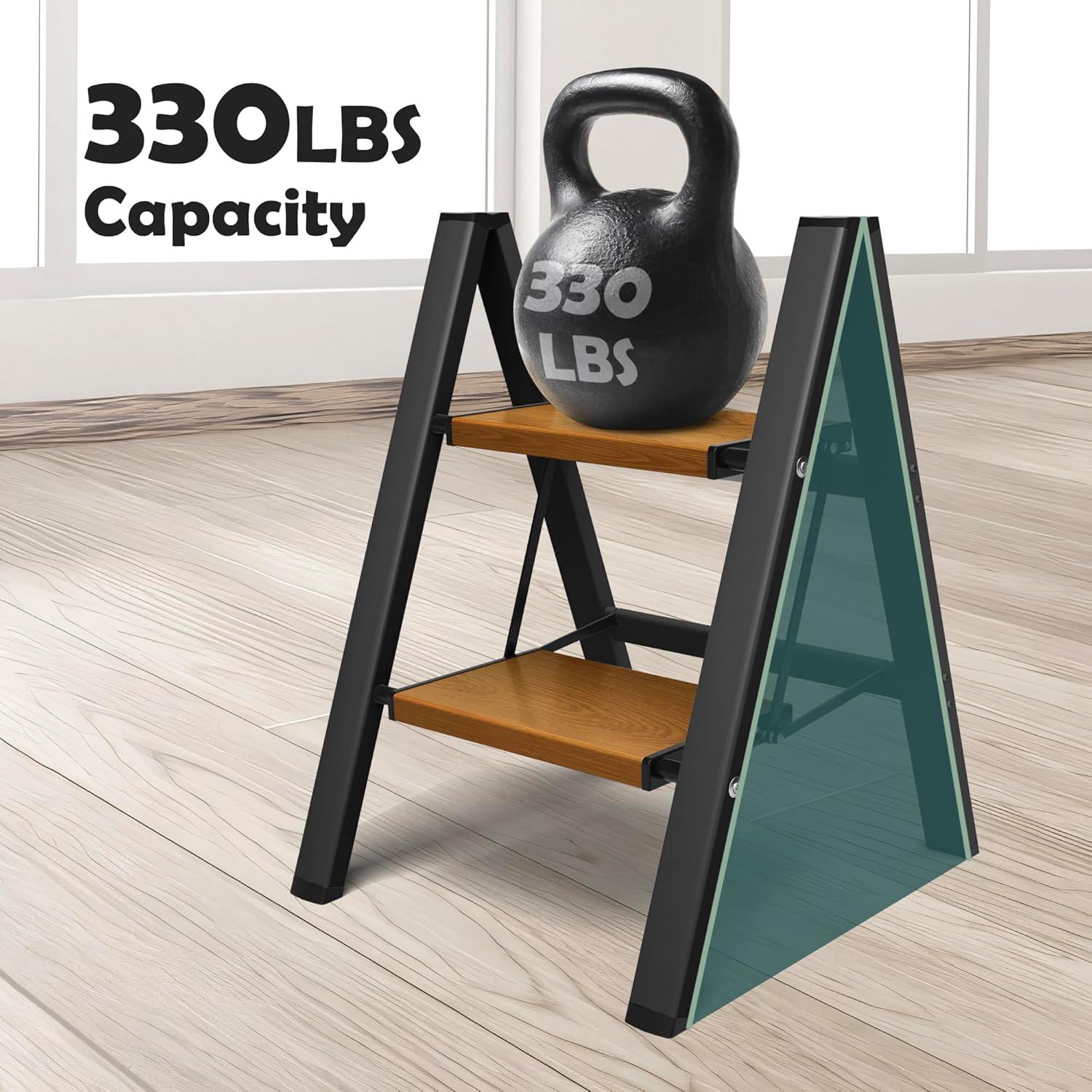 Black Aluminum Foldable 2-Step Ladder with Woodgrain Steps