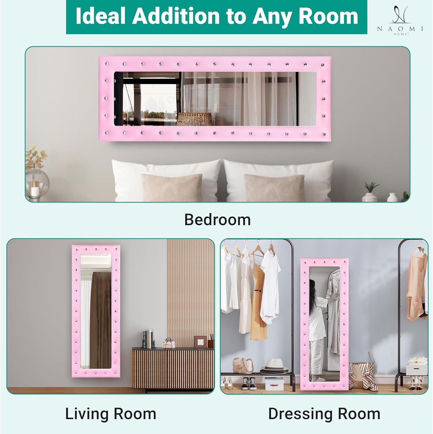 Naomi Home Crystal Tufted Floor Mirror Full Length 63 LX22 W Wall Mirror Full Length Standing Wall with Faux Wood Frame Mirrors for Bedroom - Pink