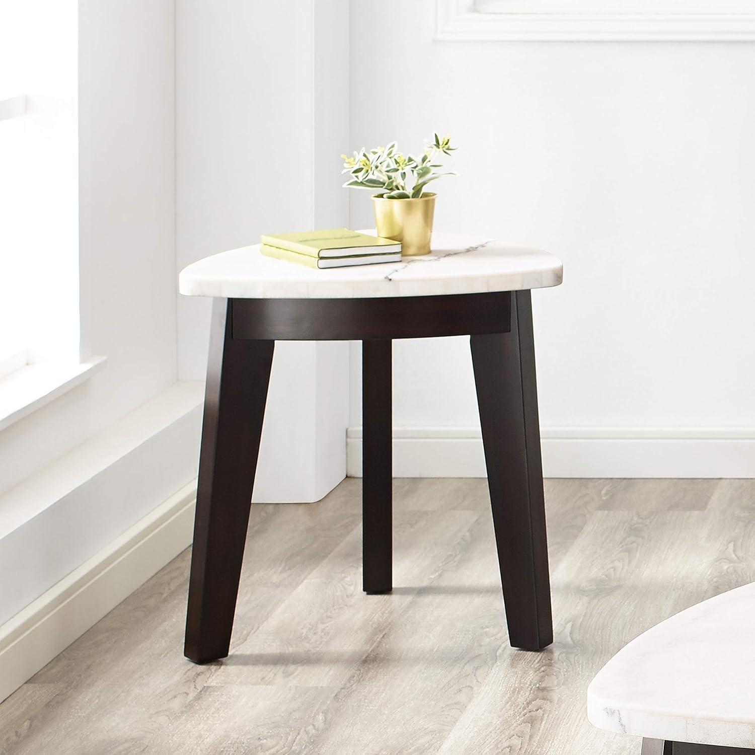 Triangular White Marble and Wood End Table