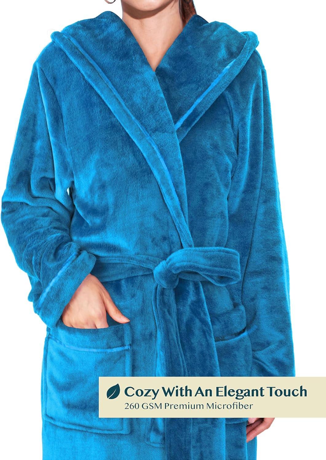 PAVILIA Fleece Robe For Women, Plush Warm Bathrobe, Fluffy Soft Spa Long Lightweight Fuzzy Cozy, Satin Trim (With Hood - Sea Blue, Large-X-Large)