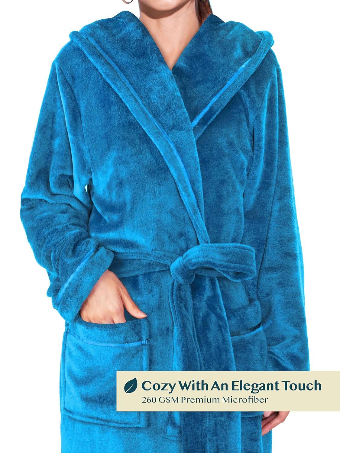 PAVILIA Fleece Robe For Women, Plush Warm Bathrobe, Fluffy Soft Spa Long Lightweight Fuzzy Cozy, Satin Trim (With Hood - Sea Blue, Large-X-Large)