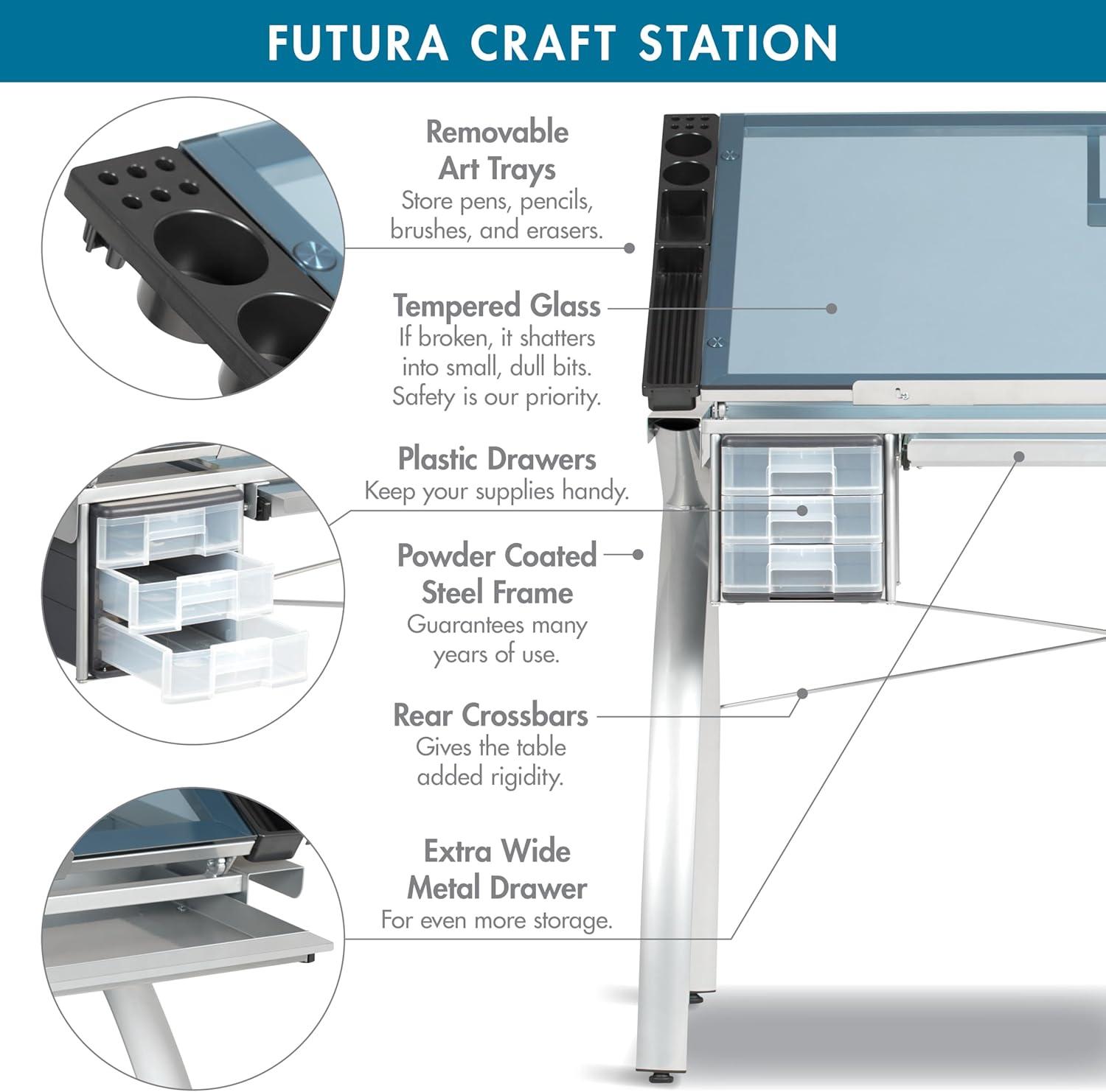 Studio Designs Futura Crafting, Drafting, Drawing Table with Adjustable Top, Silver/Blue Glass- Height 31.50 in.