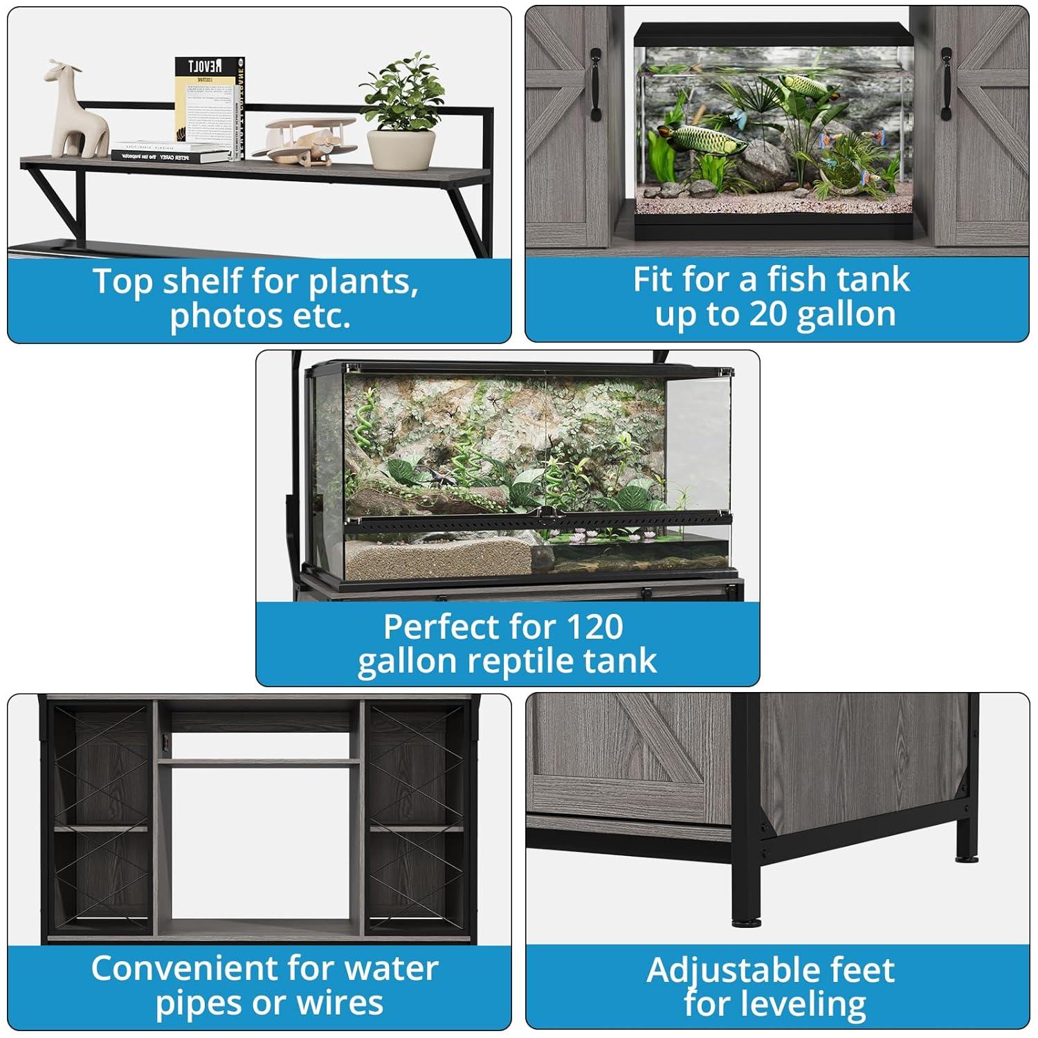 Gracie Oaks Siems Heavy Duty Aquarium Stand with Storage Cabinet, Farmhouse Reptile Tank Stand with Power Outlet, 48" X 24" Tabletop Fits up to 120 Gallon Bearded Dragon Tank, Fish Tank Turtle Terrarium Stand