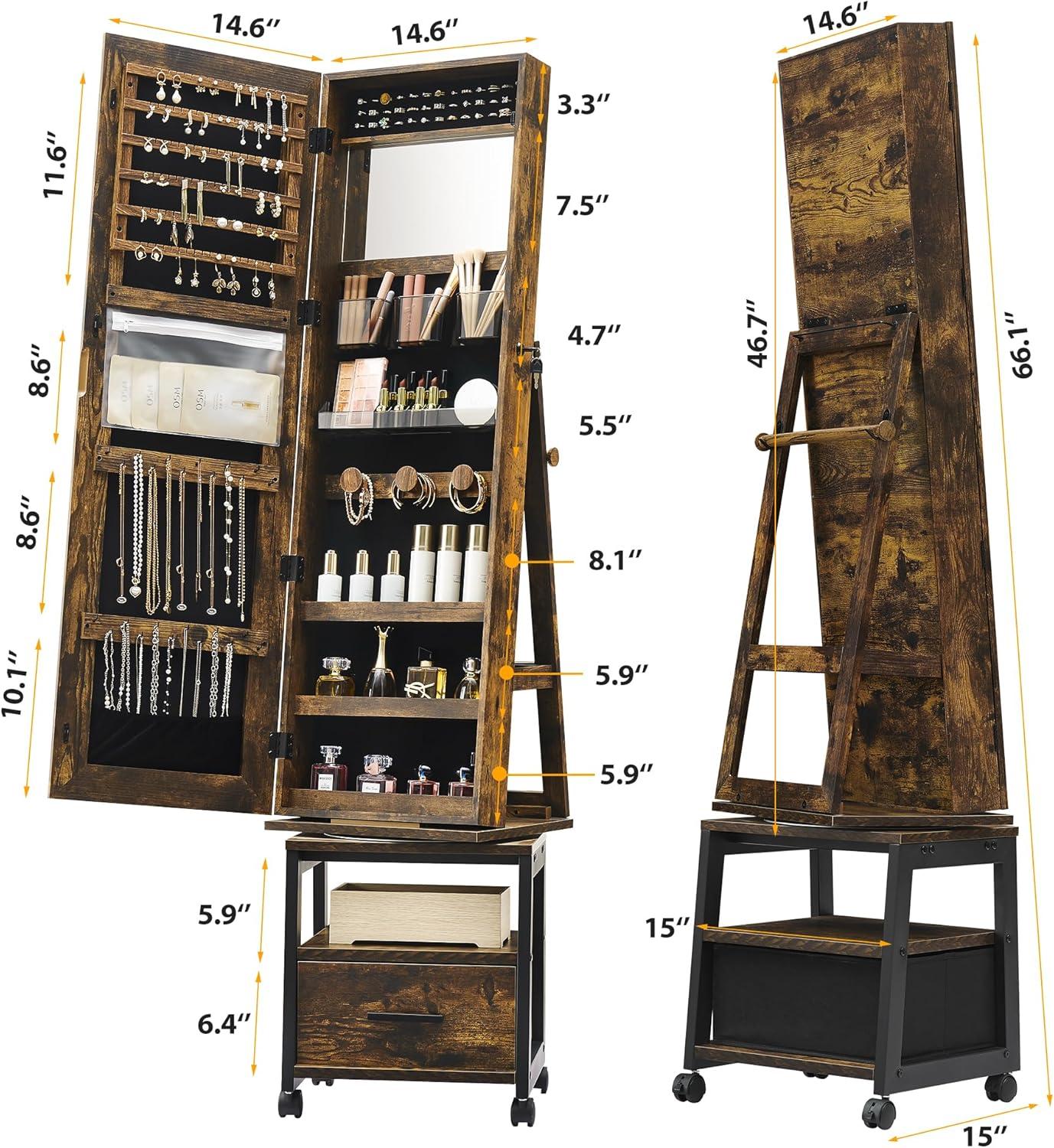 Garvee 360¡ã Swivel Jewelry Armoire, 66" H Floor Standing Locking with Full Length Mirror, Inside Makeup Mirror, Rear Storage Shelves, Brown