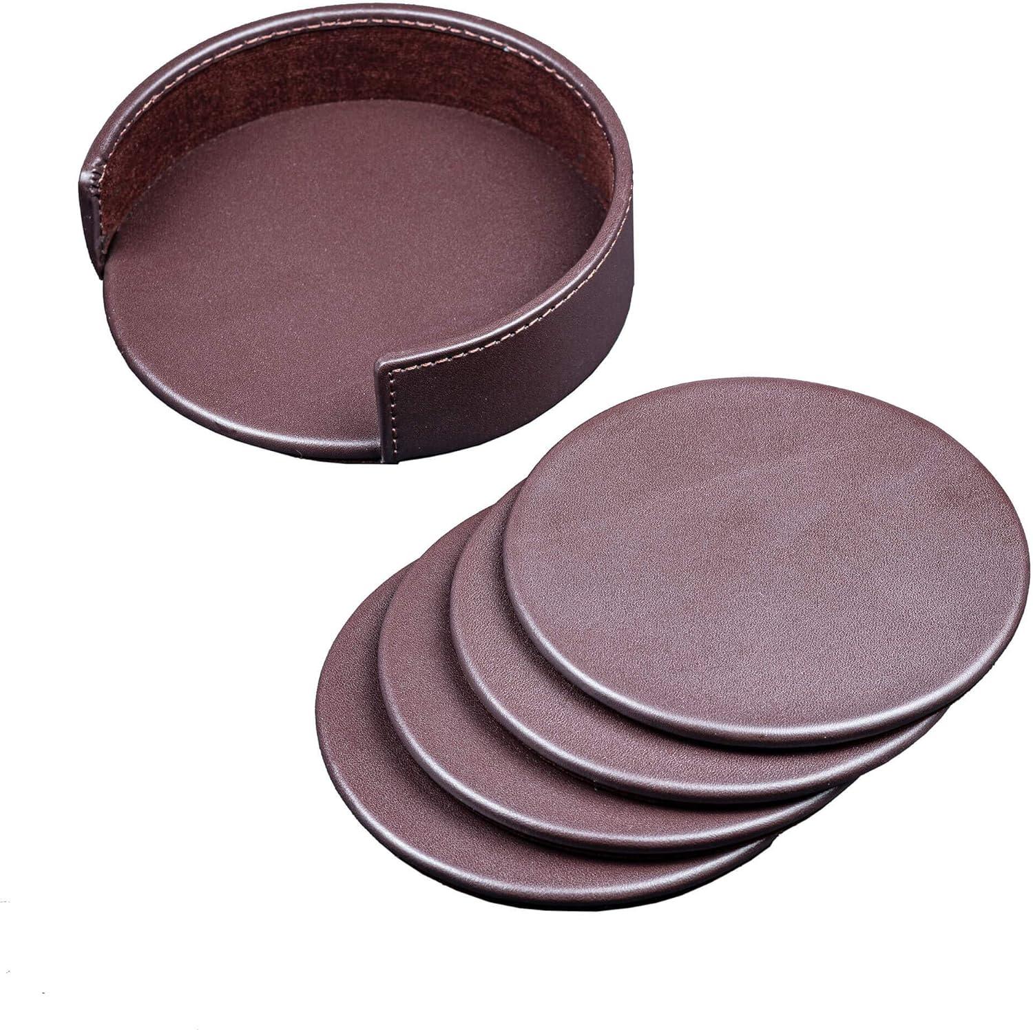 Chocolate Brown Leather 4-Piece Coaster Set with Holder