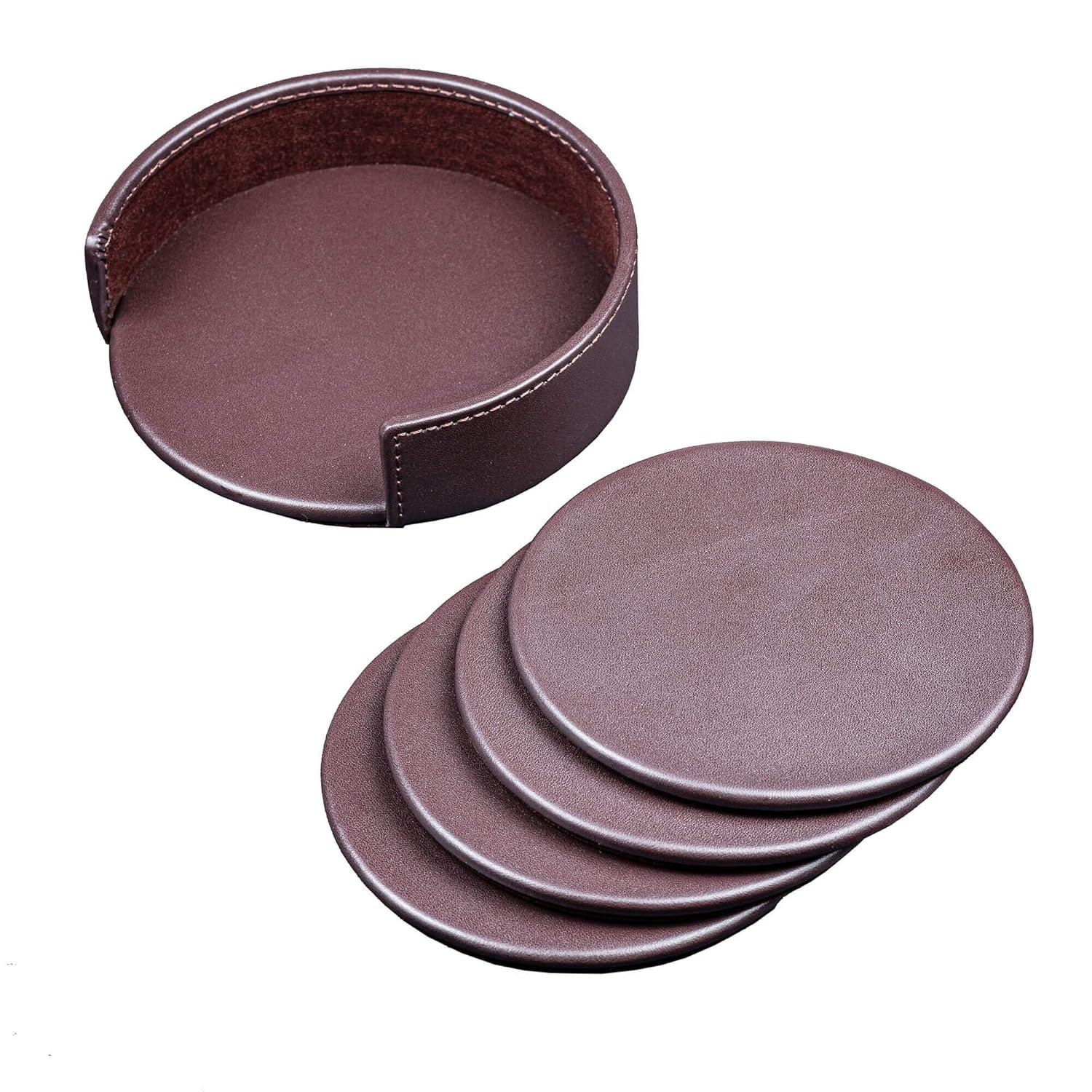 Dacasso A3418 Chocolate Brown Leatherette 4 Coaster Set with Holder