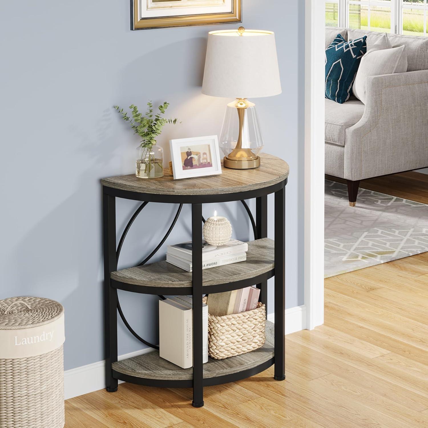 17 Stories 3-Tier Half Round End Table, Narrow Side Table with Metal Frame, Small Half Moon Accent Table for Living Room, Bedroom