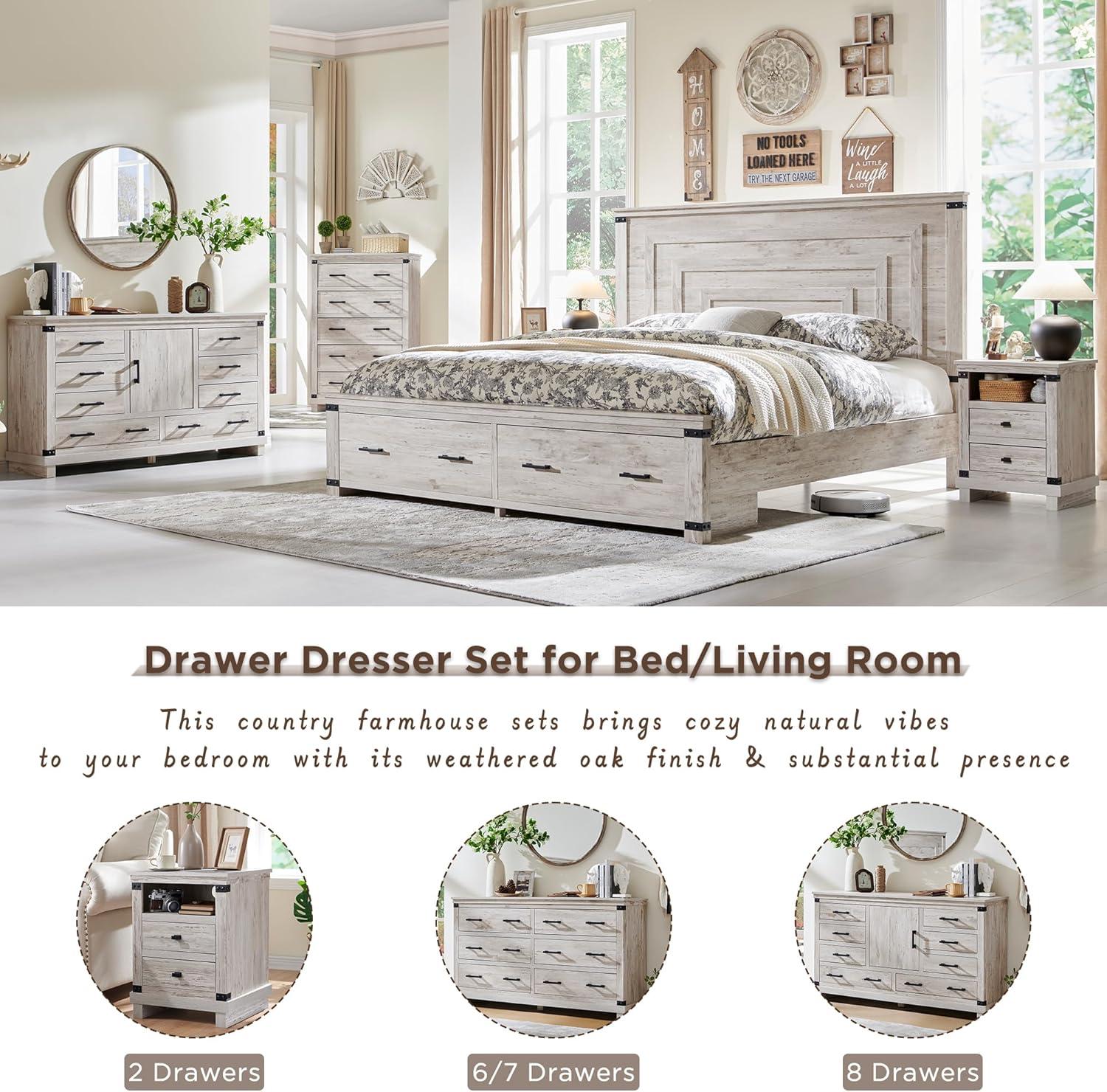 Farmhouse 7 Drawers Dresser for Bedroom, Wood Large Chest of Drawers with Thick Plank Styling, Rustic Closet Dresser for Bedroom, Living Room, Antique Brush White Color