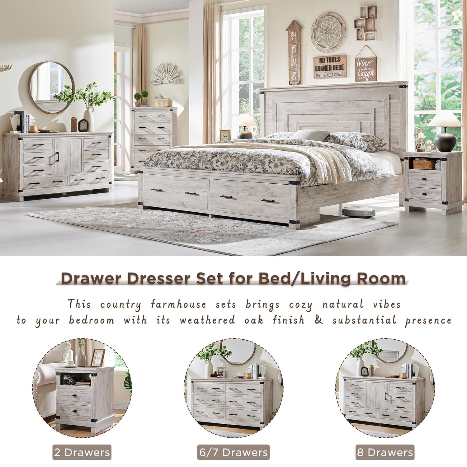 Farmhouse 7 Drawers Dresser for Bedroom, Wood Large Chest of Drawers with Thick Plank Styling, Rustic Closet Dresser for Bedroom, Living Room, Antique Brush White Color