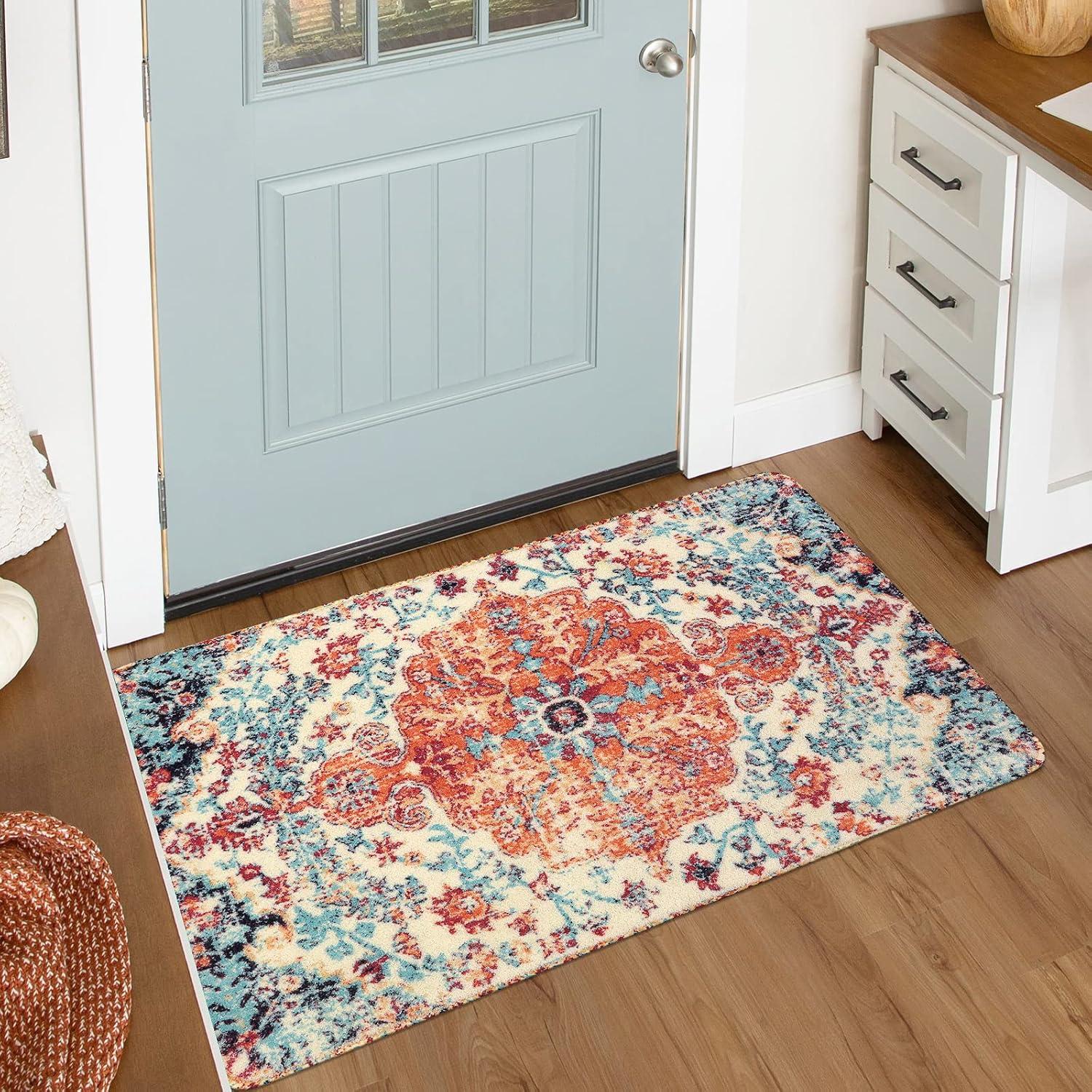 Moynesa 2'x3' Bohemian Area Rug, 2x3ft Small Boho Washable Bathroom Entryway Kitchen Rug,Floral Medallion Non Slip Pet Friendly Vintage Throw Carpet for Front Door Sink Living Room Bedroom, Orange