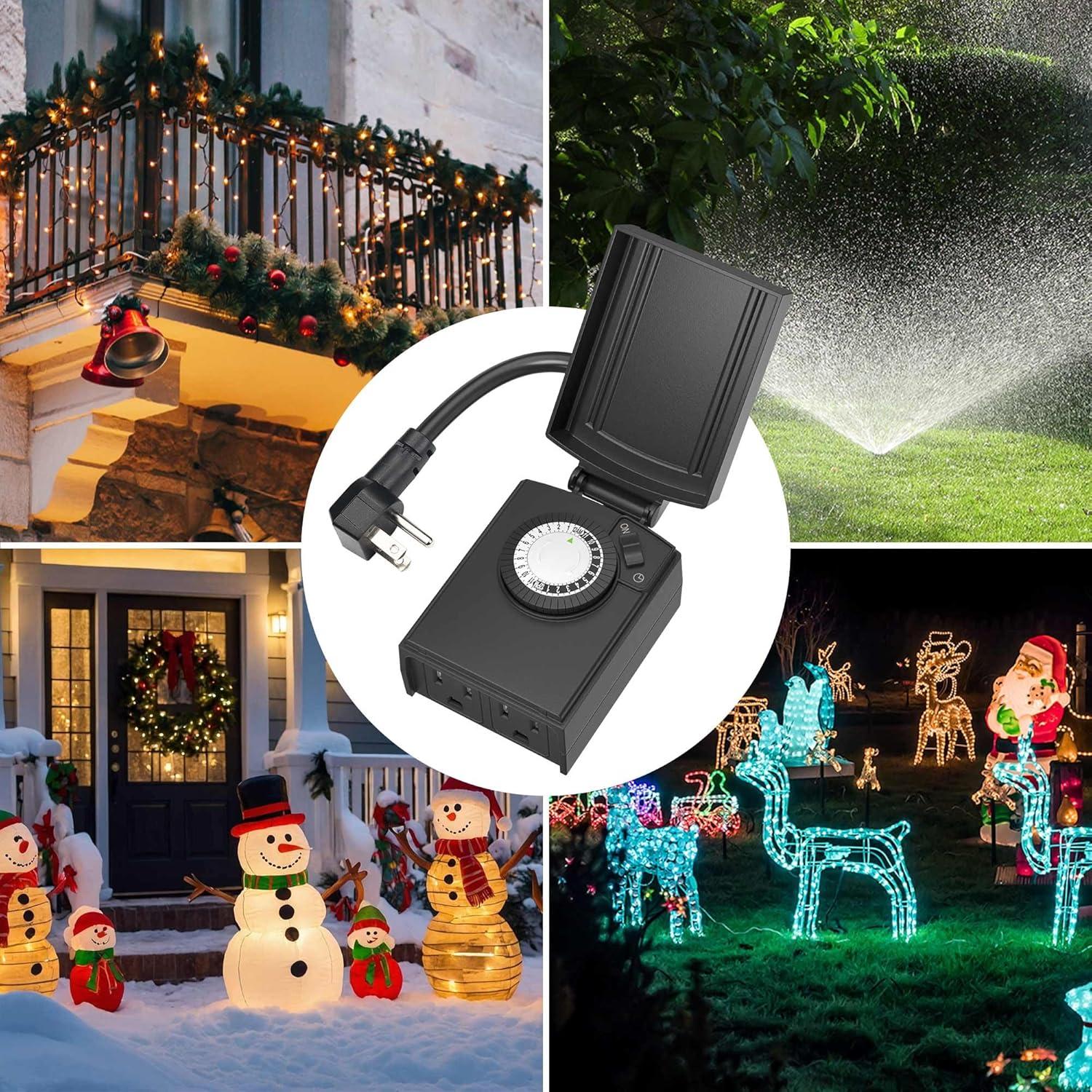 BN-LINK Compact Outdoor Mechanical Timer, 24 Hour Programmable Dual Outlet Timer - Plug in, Waterproof, Heavy Duty, For Lamps Christmas Lights