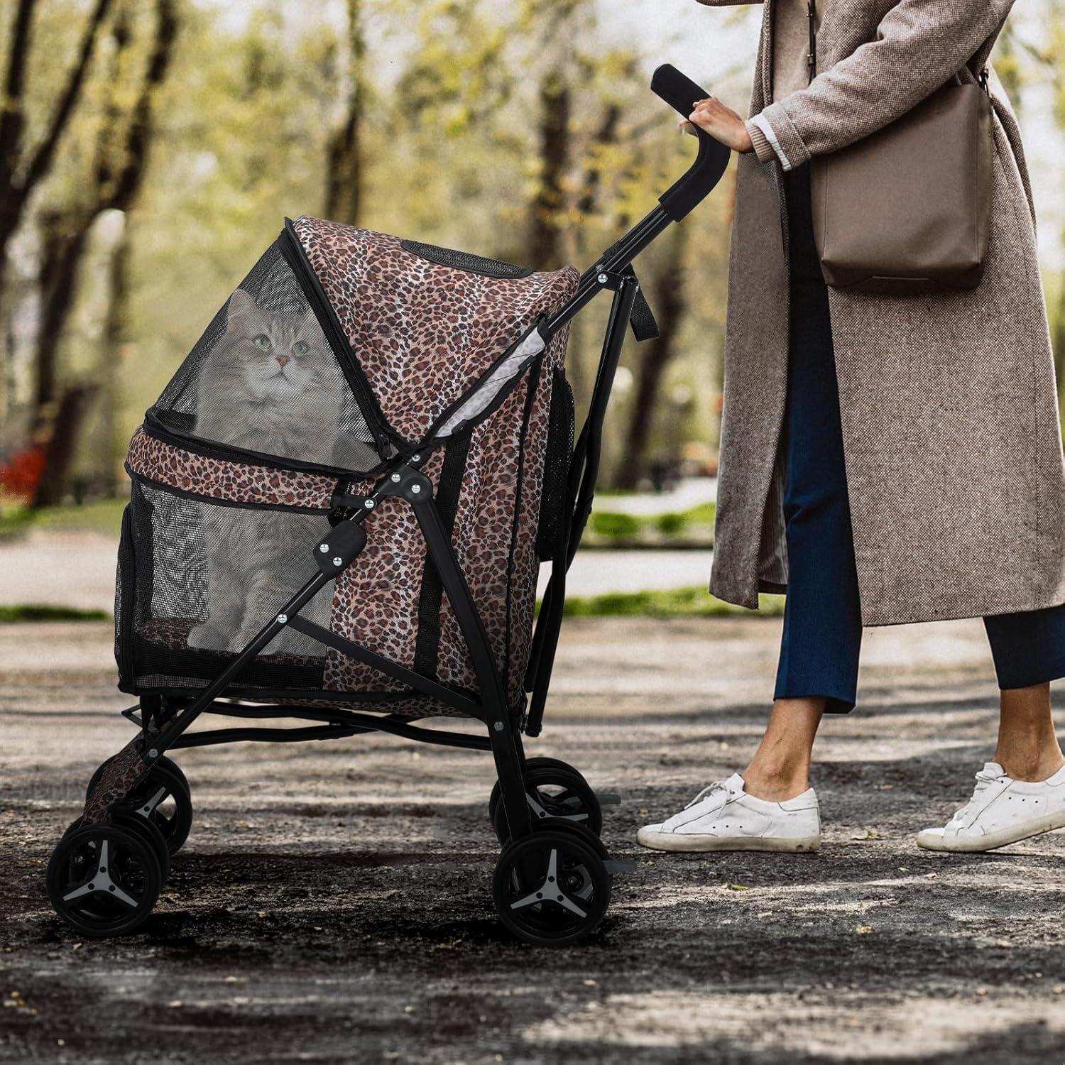 Leopard Print Steel Frame Dog Stroller with Mesh Windows