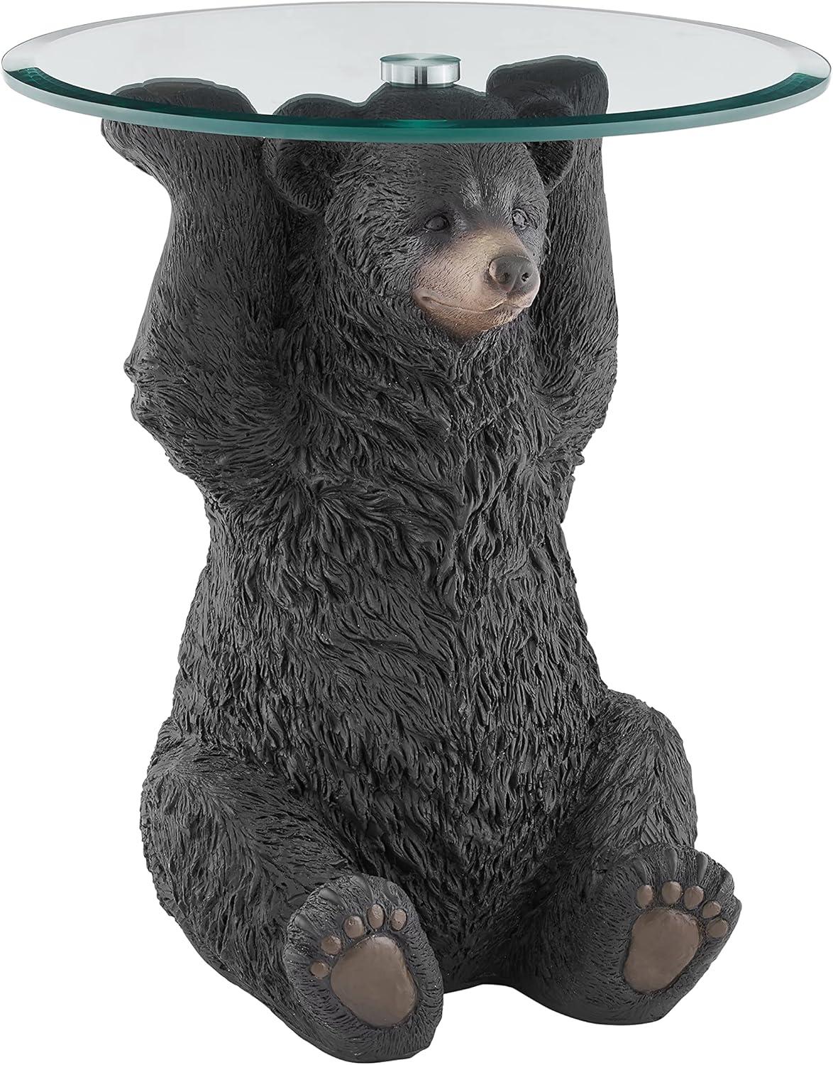 Linon Barney Bear Resin Accent Table Glass Top with Beveled Edge in Dark Brown