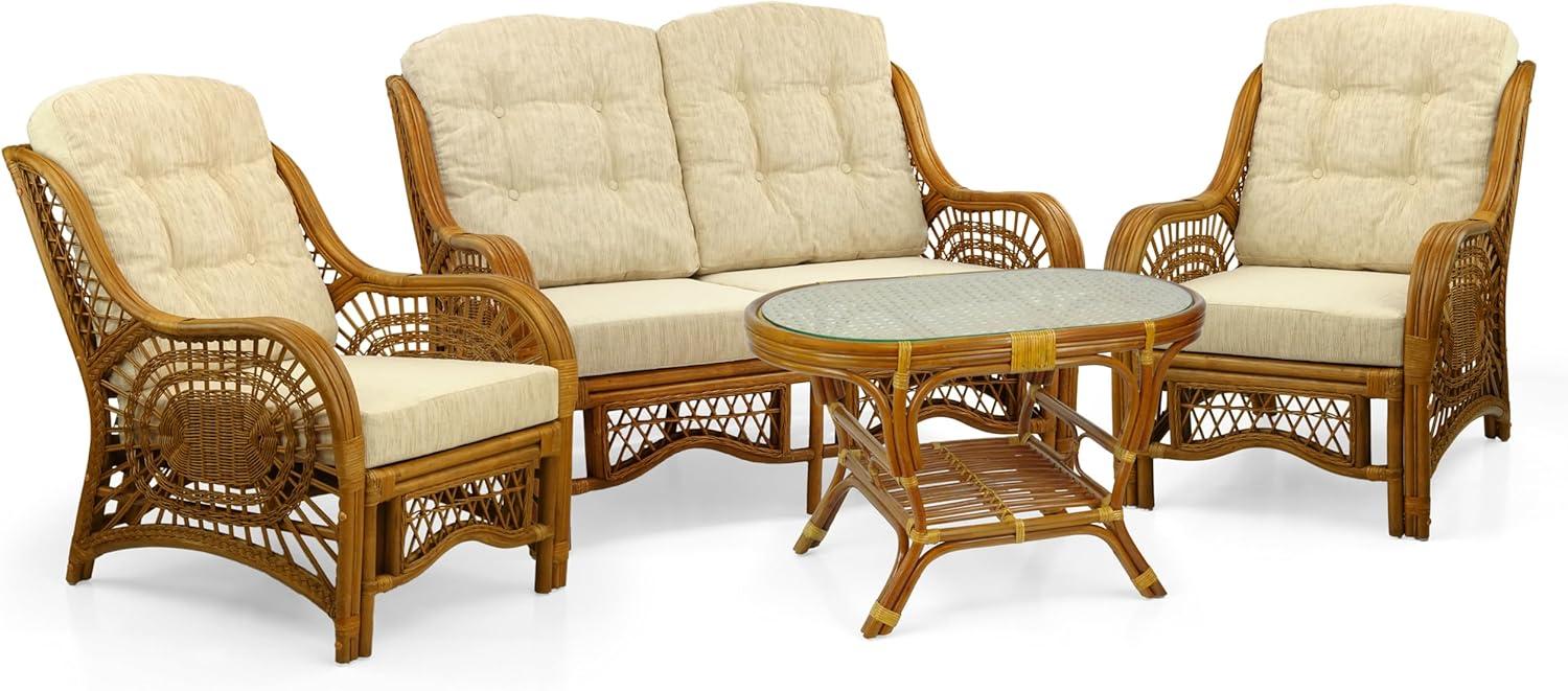 Bay Isle Home™ Malibu Lounge Set Of 4: 2 Natural Rattan Wicker Chairs, Loveseat And Coffee Table W/Glass Handmade, Colonial