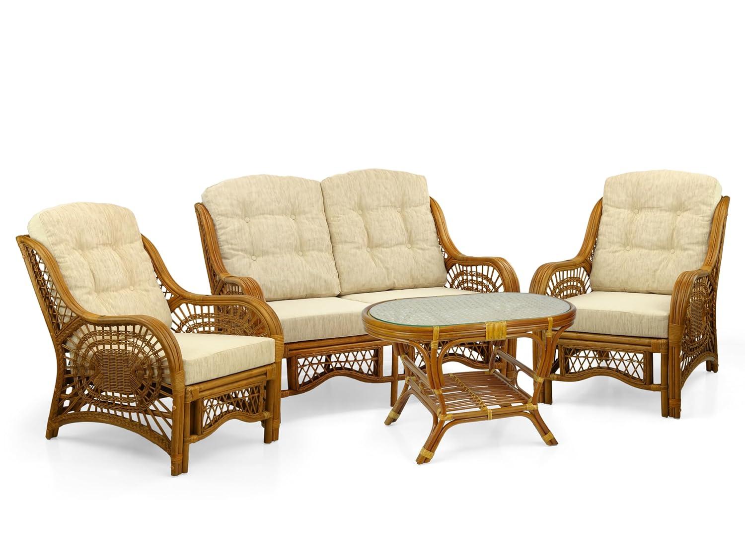 Bay Isle Home™ Malibu Lounge Set Of 4: 2 Natural Rattan Wicker Chairs, Loveseat And Coffee Table W/Glass Handmade, Colonial