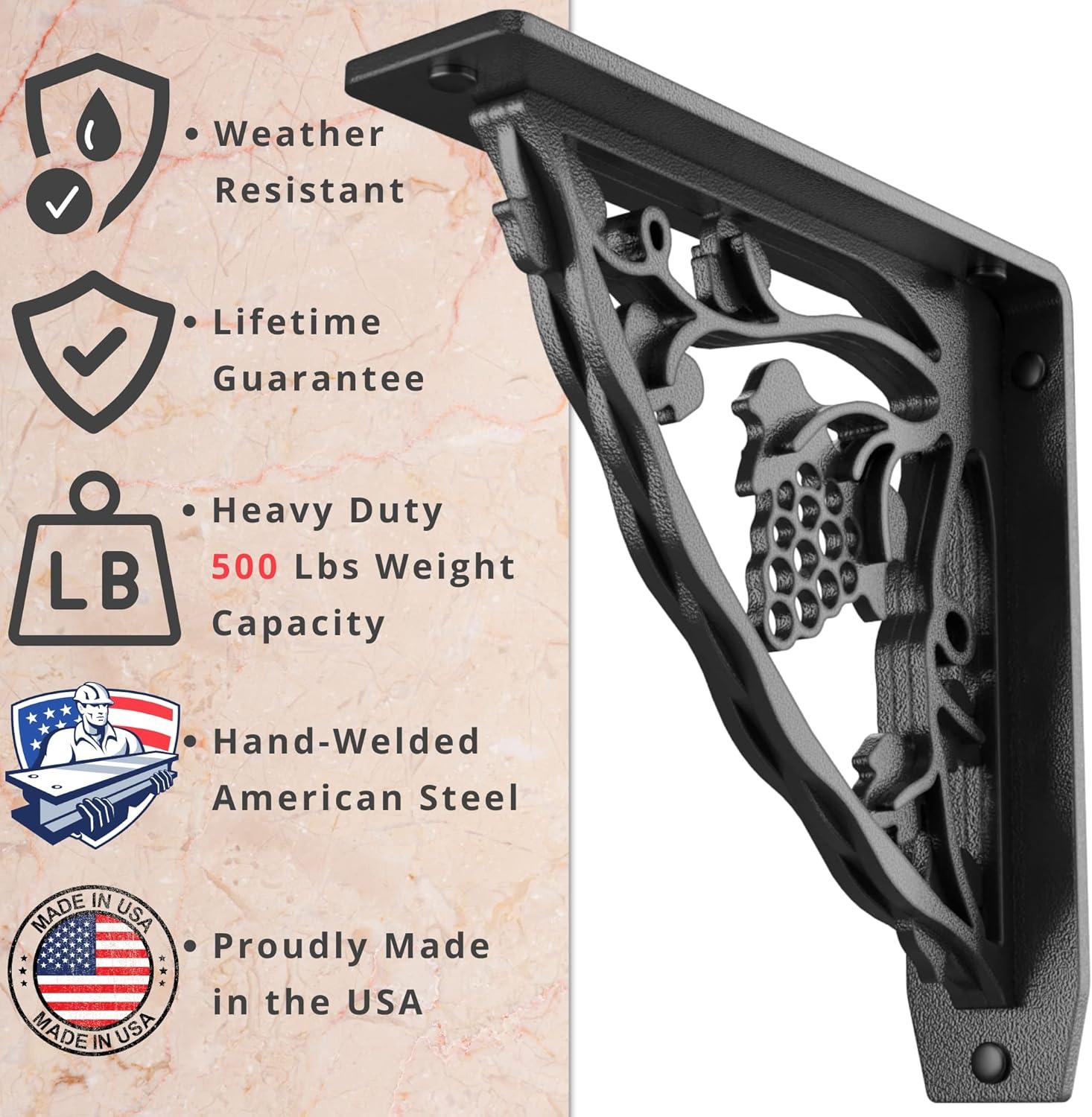 MADEIRA HEAVY DUTY STEEL FIREPLACE MANTEL BRACKETS, FLOATING SHELF, COUNTERTOP SUPPORT - HAND WELDED - 8" x 8" x 2"