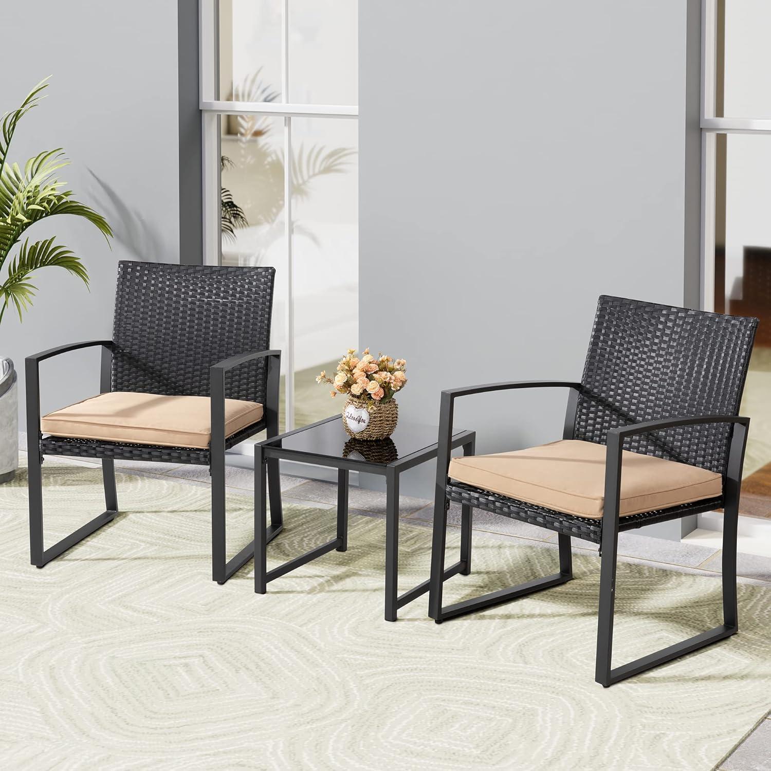 Modern Black Wicker Patio Set with Khaki Cushions