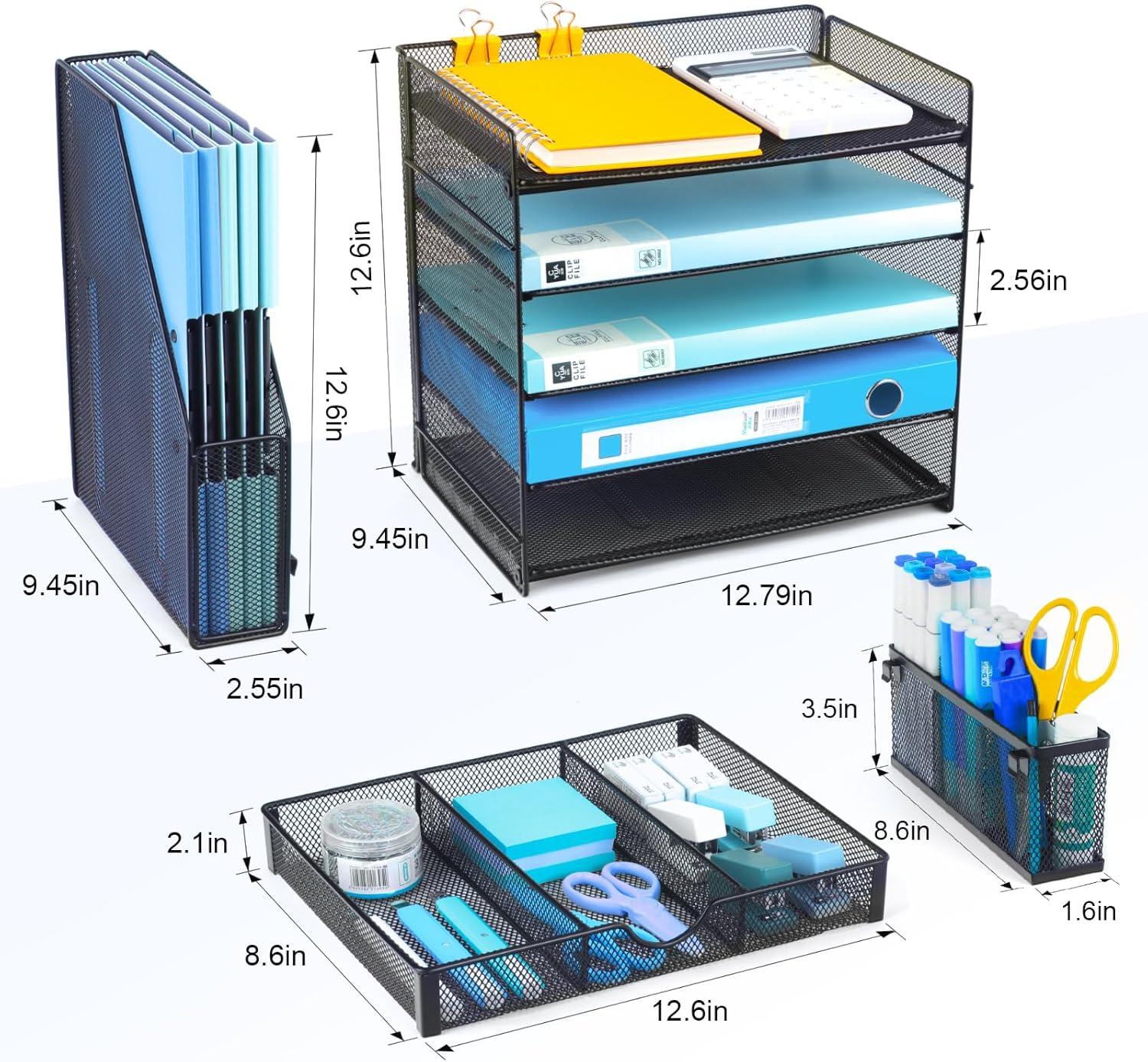 Black Mesh 5-Tier Desk Organizer with File Holder and Pen Tray