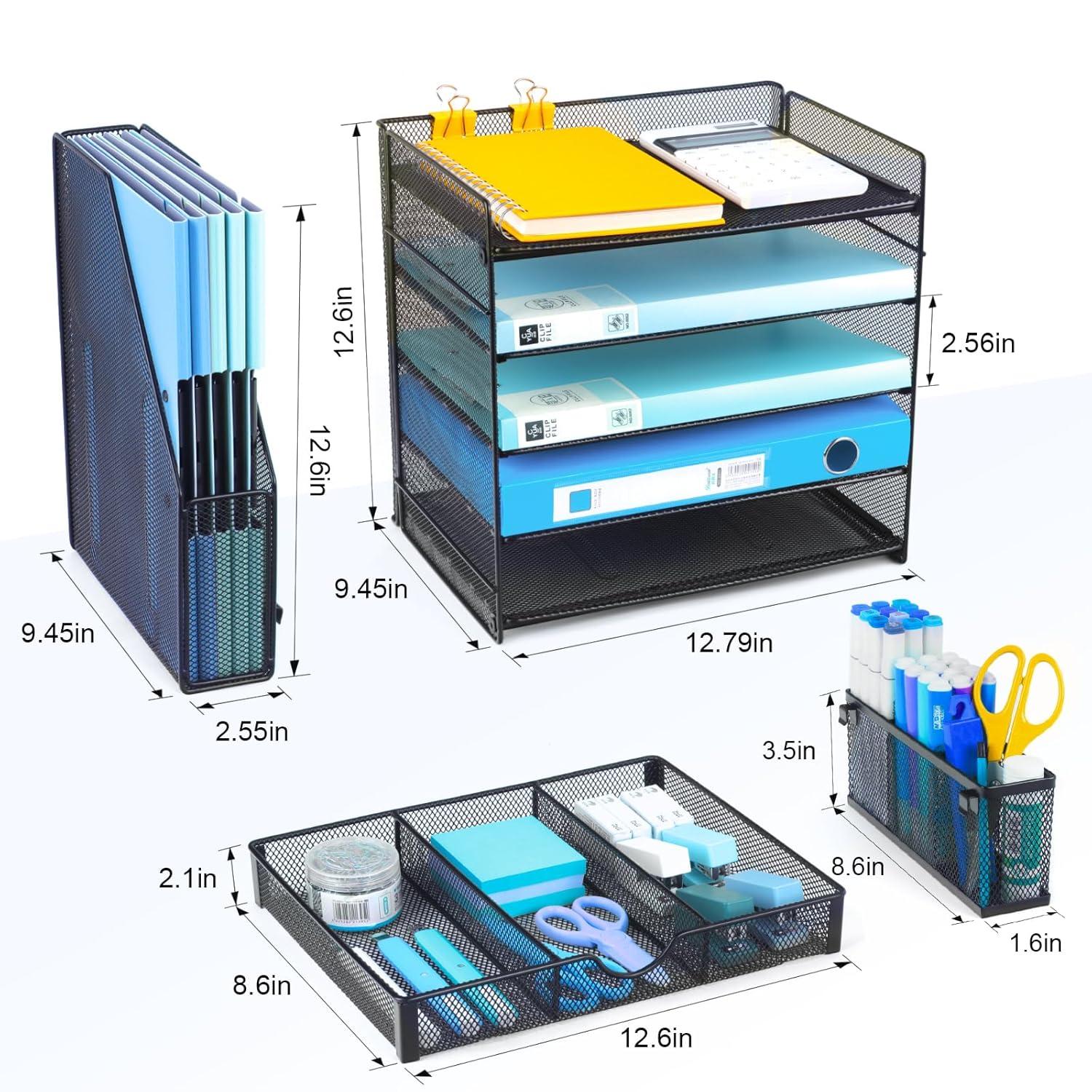 Desk Organizers with File Holder, 5-Tier Paper Organizer Letter Tray with Sliding Drawers and Extra Pen Holder, Mesh Desktop File Organizer for School Office Supplies, Black.