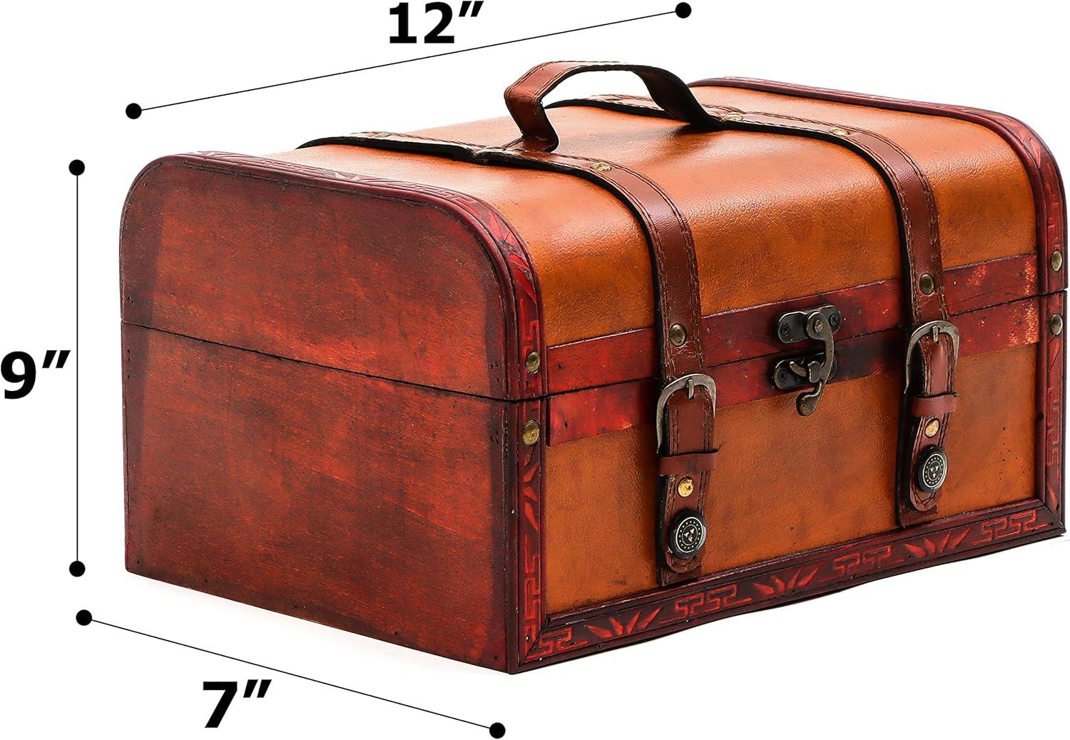 12.5" Vintage Brown and Red Wood Treasure Chest with Leather Accents