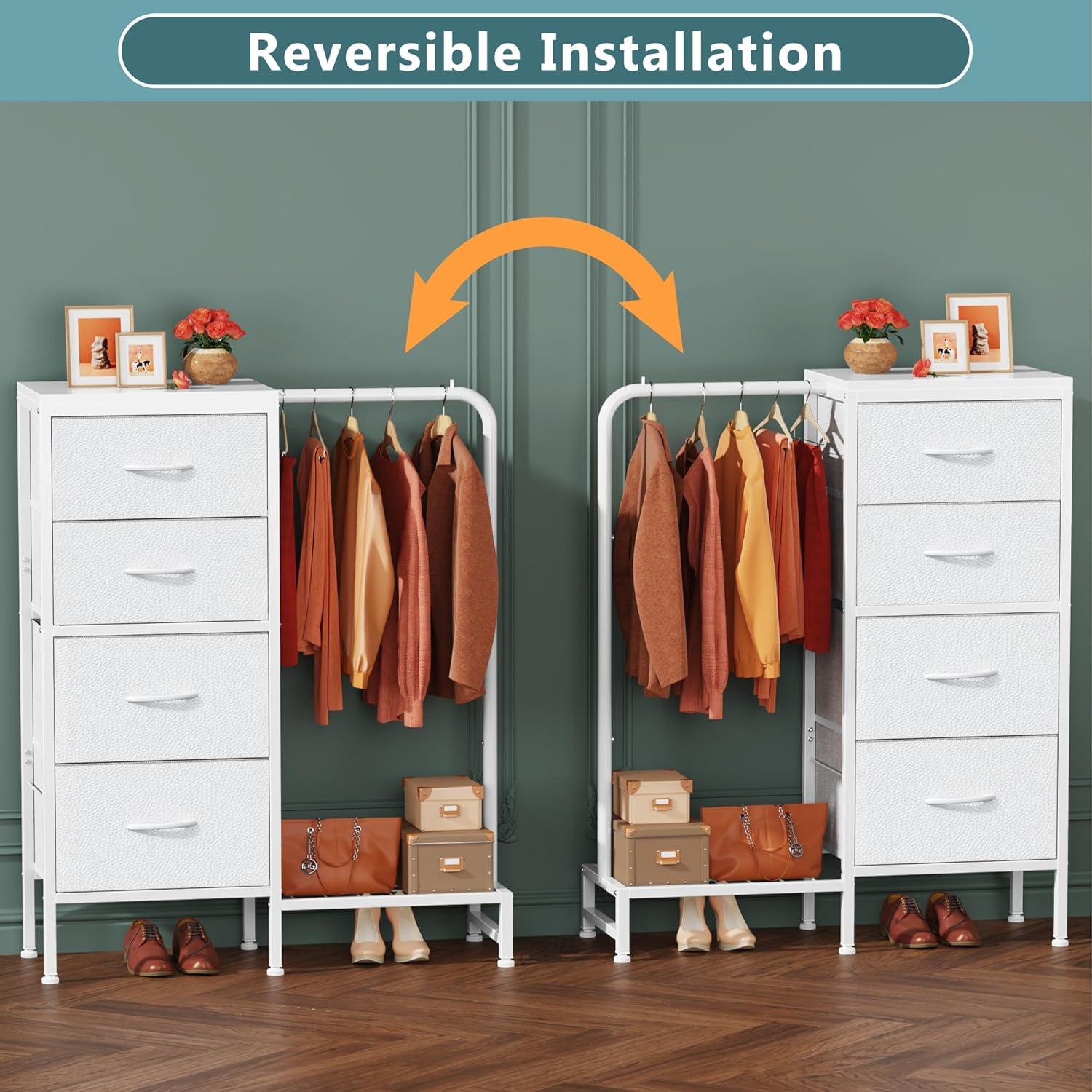 Dresser with Hanging Rack, 4 Drawers Small Closet for Bedroom, Reversible Fabric Chest of Drawers with Clothes Rack, Tall Storage Tower, Sturdy Frame, White, 44''H