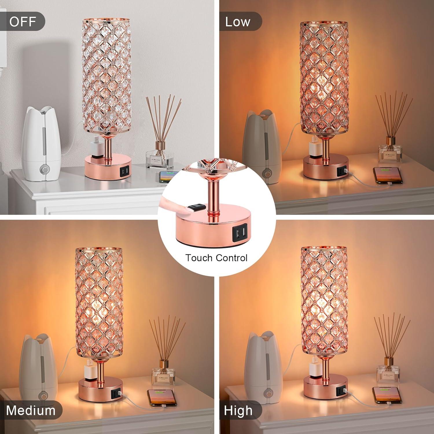 Rose Gold Crystal Touch Table Lamp with USB Ports