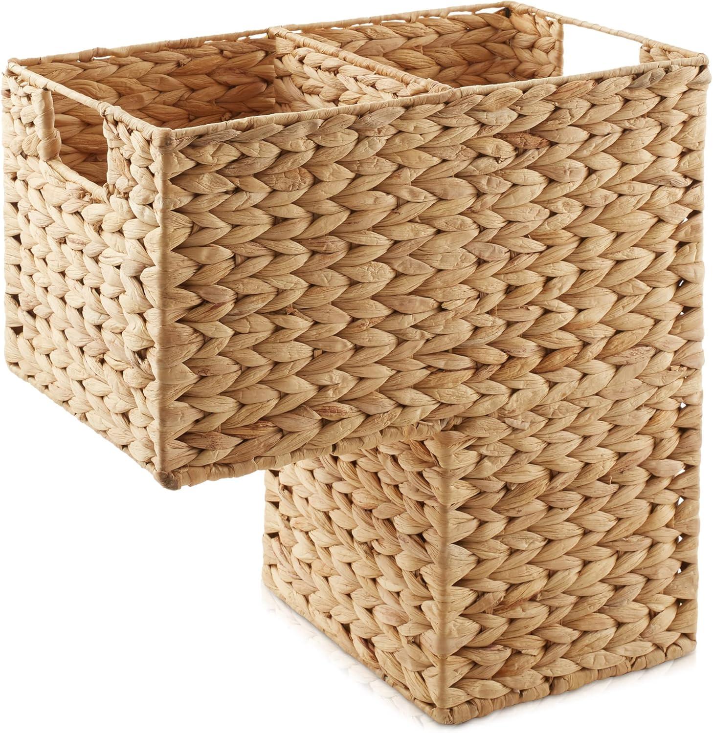 Casafield Stair Basket with Handles, Natural - Woven Water Hyacinth Staircase Step Organizer Bin