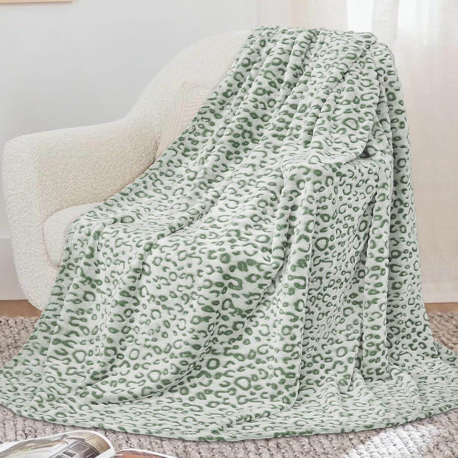 Sage Green Leopard Print Reversible Fleece Throw Blanket