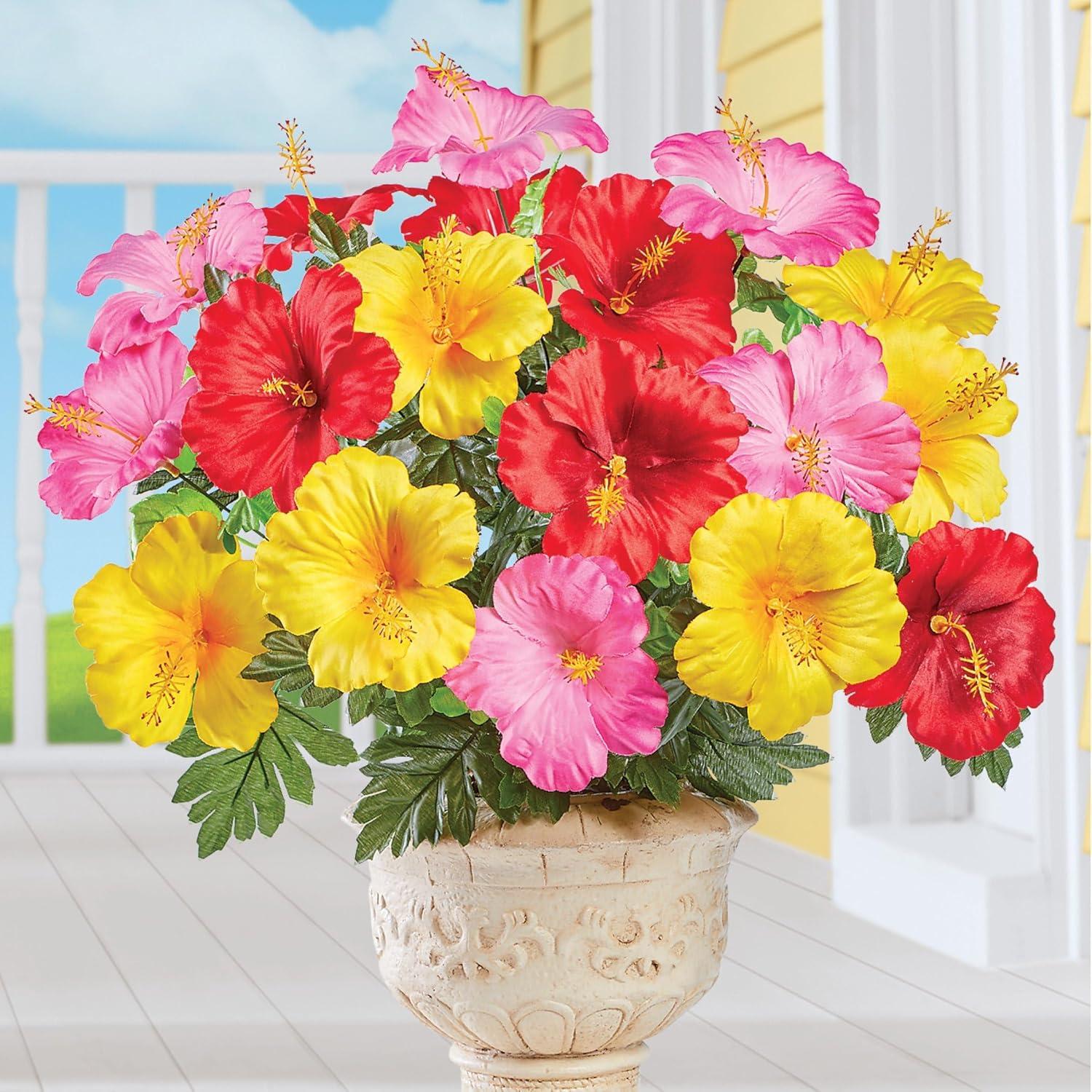 Collections Etc Bright Tropical Faux Hibiscus Bushes - Set of 3, Outdoor or Indoor Decorative Accent