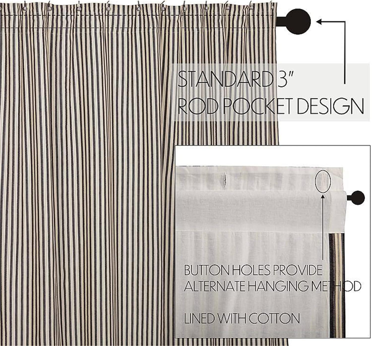 VHC Brands Ashmont Fabric Shower Curtain, 100% Cotton Farmhouse Bath Accent, Ticking Stripe Pattern