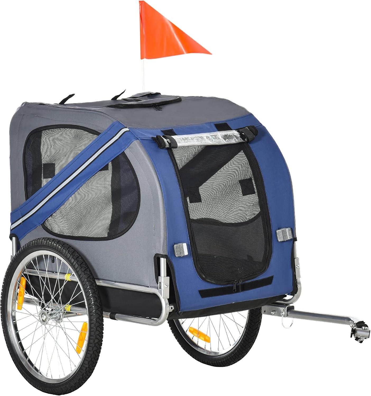 Blue and Gray Polyester Pet Bike Trailer with Safety Leash